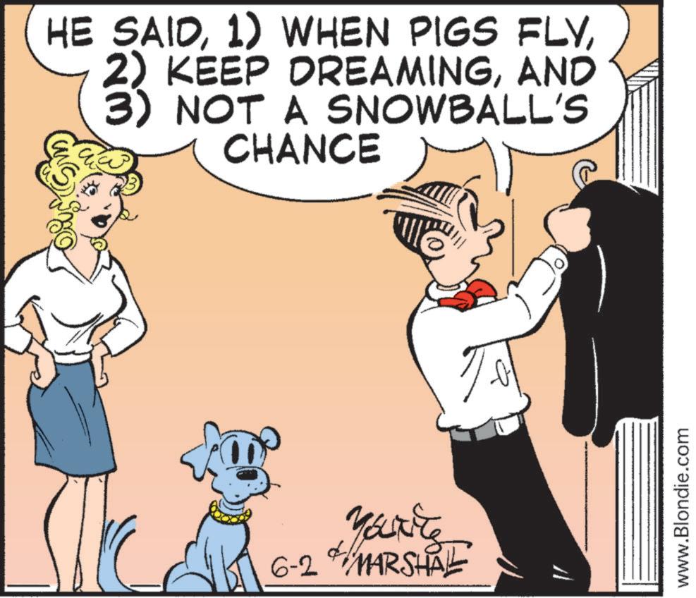 Animation OCR: 333 HE SAIDAND 3) NOT A SNOWBALL'S CHANCE Yourite 6-24 MARSHALL To www.Blondie.com 333 HE SAID1 ) WHEN PIGS FLY2 ) KEEP DREAMINGAND 3 ) NOT A SNOWBALL'S CHANCE Yourite 6-24 MARSHALL To www.Blondie.com