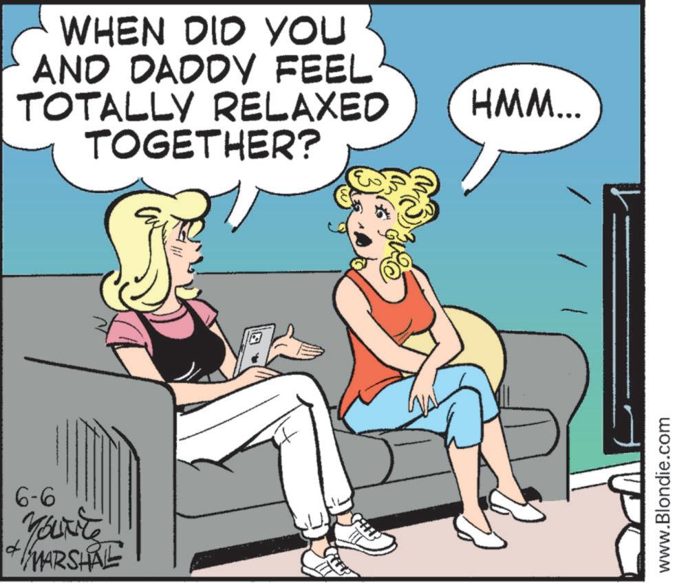 Animated cartoon OCR: WHEN DID YOU AND DADDY FEEL TOTALLY RELAXED TOGETHER? 6-6 You're + MARSHAL TTL HMM... www.Blondie.com WHEN DID YOU AND DADDY FEEL TOTALLY RELAXED TOGETHER ? 6-6 You're + MARSHAL TTL HMM ... www.Blondie.com