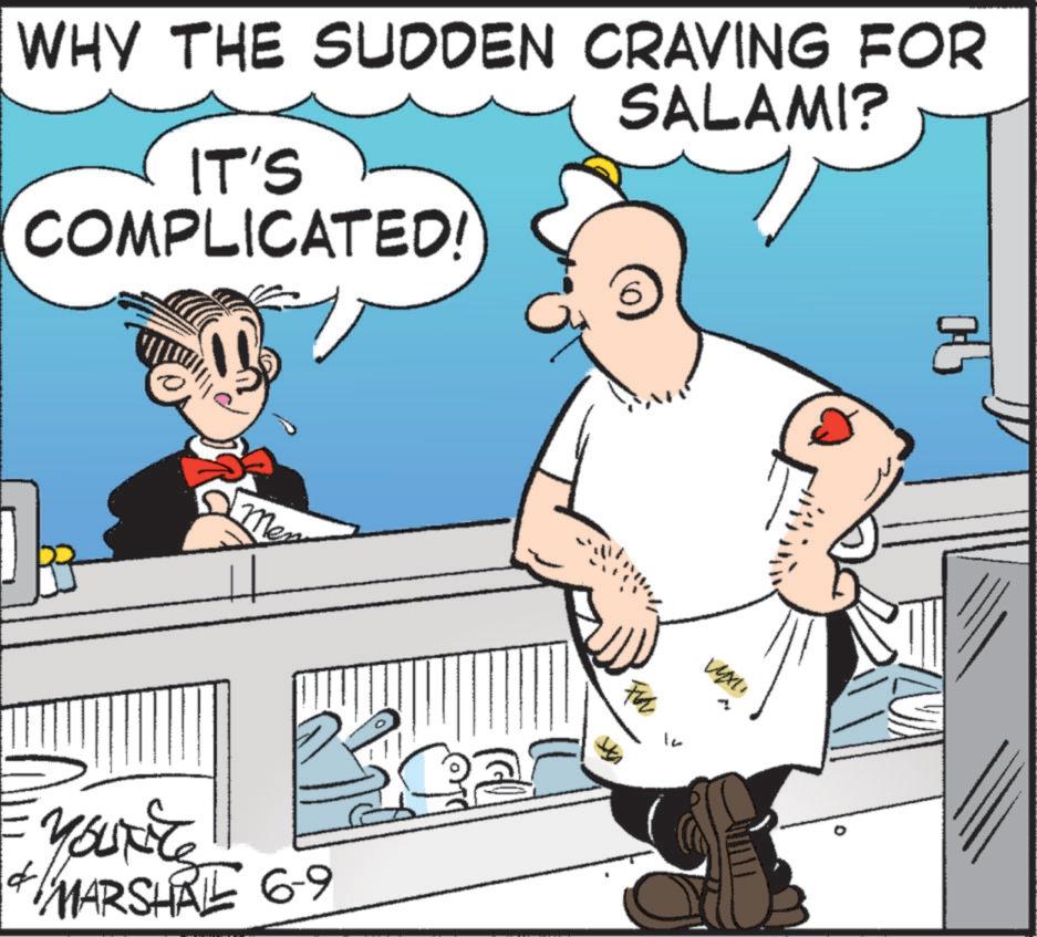 Animated cartoon OCR: WHY THE SUDDEN CRAVING FOR IT'S COMPLICATED! SALAMI? Me FE You've MARSHRE 6-9 4 14 N WHY THE SUDDEN CRAVING FOR IT'S COMPLICATED ! SALAMI ? Me FE You've MARSHRE 6-9 4 14 N