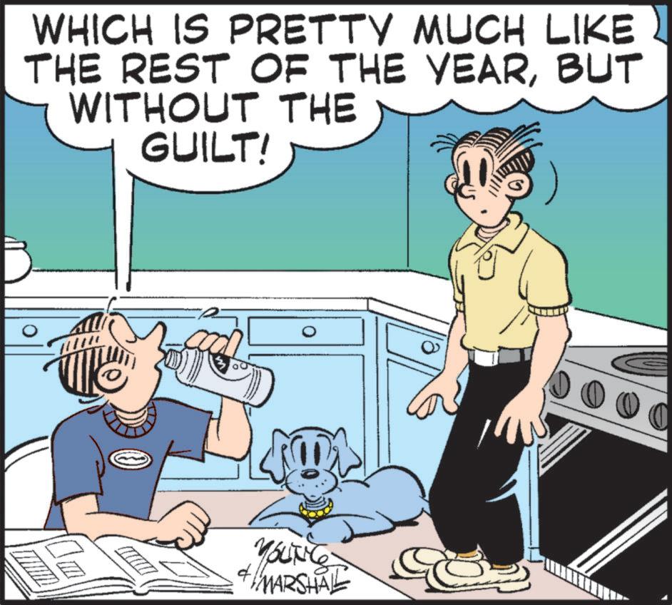 Animated cartoon OCR: WHICH IS PRETTY MUCH LIKE THE REST OF THE YEARBUT WITHOUT THE GUILT! 0 T YOUNG + MARSHAL WHICH IS PRETTY MUCH LIKE THE REST OF THE YEARBUT WITHOUT THE GUILT ! 0 T YOUNG + MARSHAL