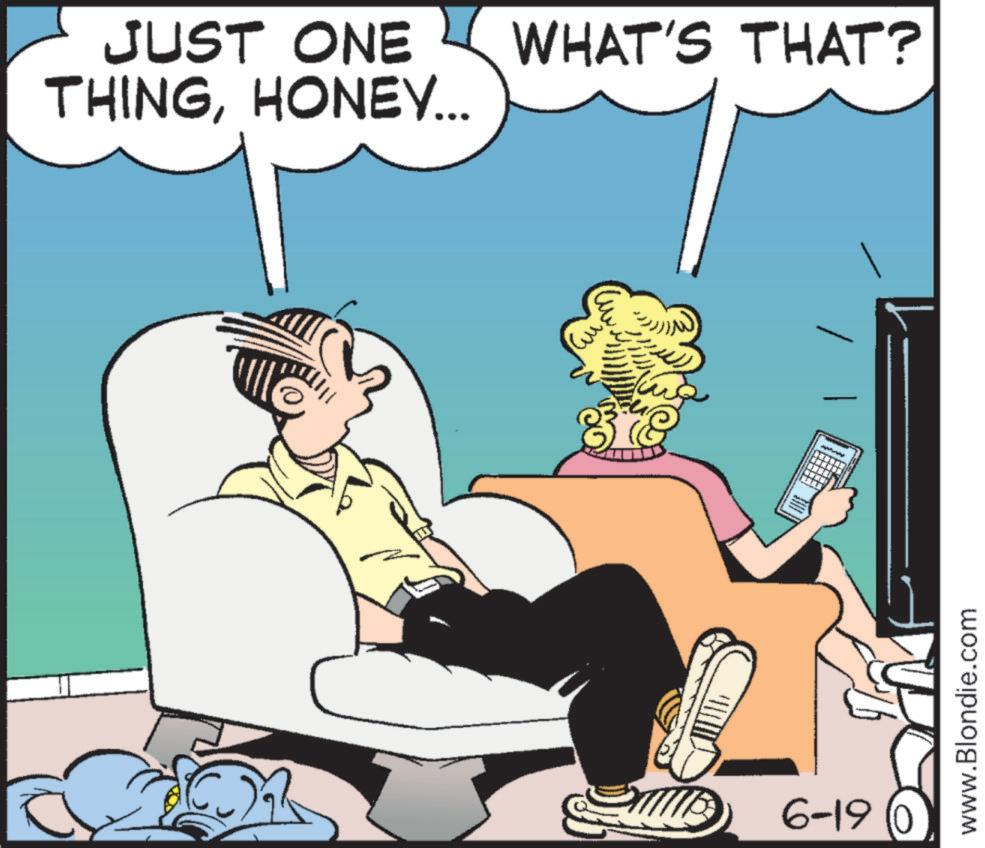 Photo caption OCR: JUST ONE WHAT'S THAT? THINGHONEY... 6-19 www.Blondie.com JUST ONE WHAT'S THAT ? THINGHONEY ... 6-19 www.Blondie.com