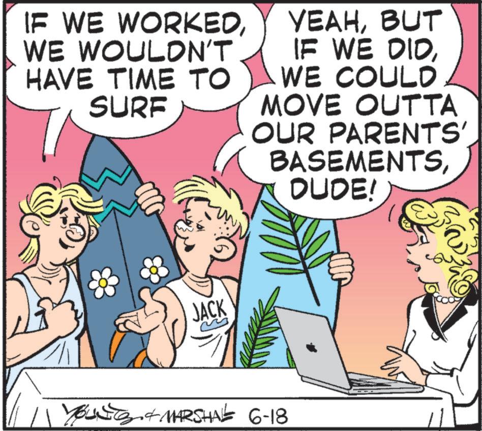 Animated cartoon OCR: IF WE WORKEDWE WOULDN'T HAVE TIME TO SURF YEAHBUT IF WE DIDWE COULD MOVE OUTTA OUR PARENTS' BASEMENTSDUDE! JACK YOUNG & MARSHAL 6-18 IF WE WORKEDWE WOULDN'T HAVE TIME TO SURF YEAHBUT IF WE DIDWE COULD MOVE OUTTA OUR PARENTS ' BASEMENTSDUDE ! JACK YOUNG & MARSHAL 6-18