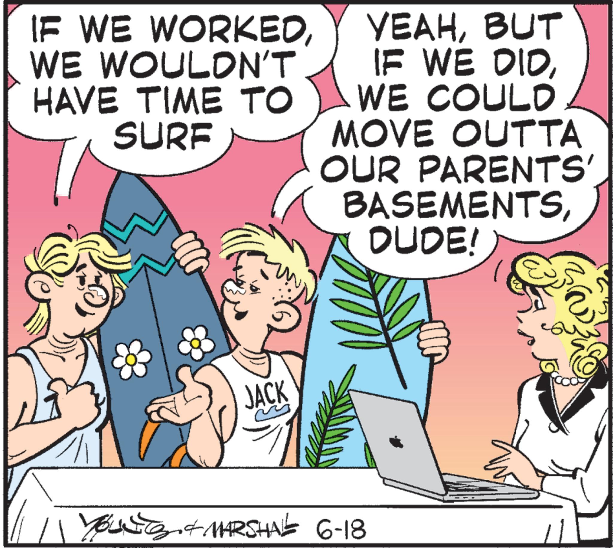 Animated cartoon OCR: IF WE WORKEDWE WOULDN'T HAVE TIME TO SURF YEAHBUT IF WE DIDWE COULD MOVE OUTTA OUR PARENTS' BASEMENTSDUDE! JACK YOUNG & MARSHAL 6-18 IF WE WORKEDWE WOULDN'T HAVE TIME TO SURF YEAHBUT IF WE DIDWE COULD MOVE OUTTA OUR PARENTS ' BASEMENTSDUDE ! JACK YOUNG & MARSHAL 6-18