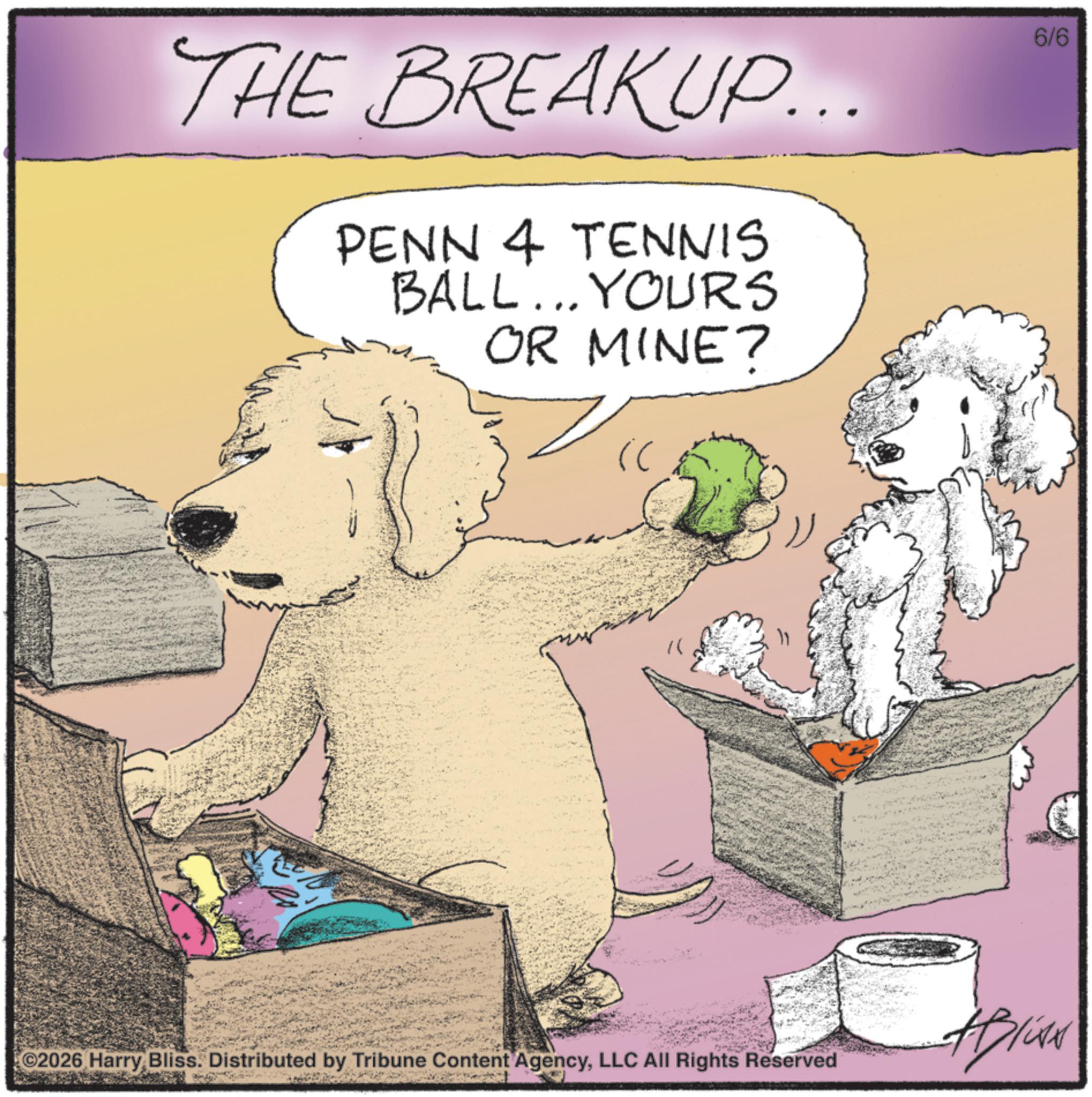 Publication OCR: THE BREAKUP... PENN 4 TENNIS BALL... YOURS OR MINE? ic 6/6 " ©2026 Harry Bliss. Distributed by Tribune Content AgencyLLC All Rights Reserved ???? THE BREAKUP ... PENN 4 TENNIS BALL ... YOURS OR MINE ? ic 6/6 " © 2026 Harry Bliss . Distributed by Tribune Content AgencyLLC All Rights Reserved ????