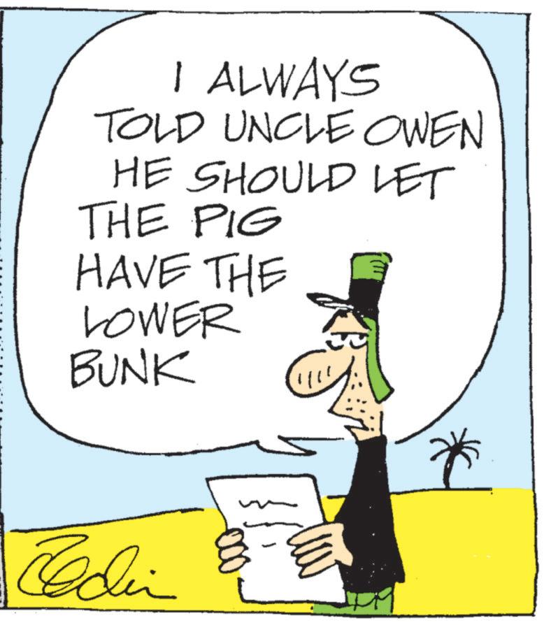 Costume Hat OCR: I ALWAYS TOLD UNCLE OWEN HE SHOULD LET THE PIG HAVE THE LOWER BUNK ?? Eldin I ALWAYS TOLD UNCLE OWEN HE SHOULD LET THE PIG HAVE THE LOWER BUNK ?? Eldin