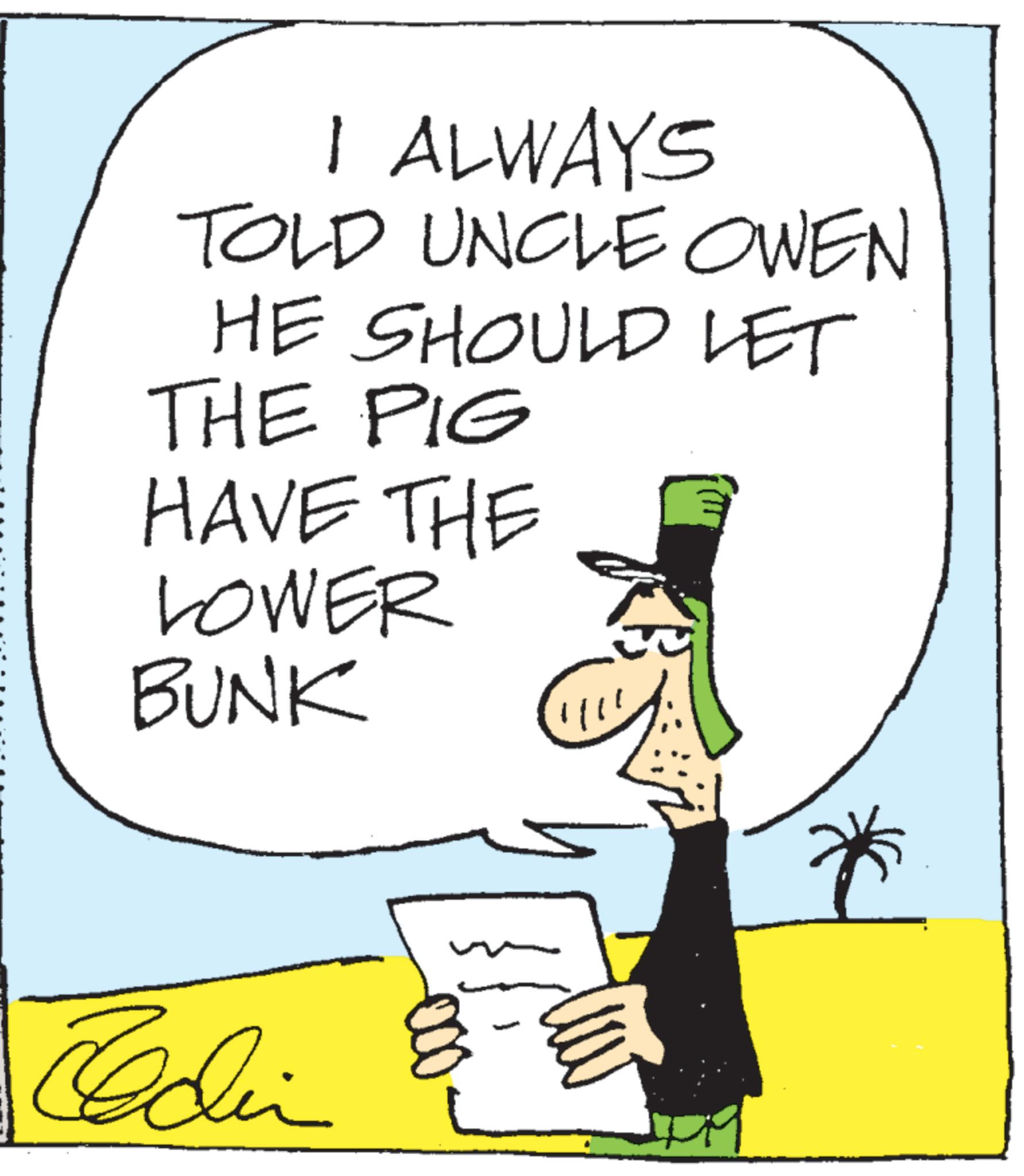 Costume Hat OCR: I ALWAYS TOLD UNCLE OWEN HE SHOULD LET THE PIG HAVE THE LOWER BUNK ?? Eldin I ALWAYS TOLD UNCLE OWEN HE SHOULD LET THE PIG HAVE THE LOWER BUNK ?? Eldin