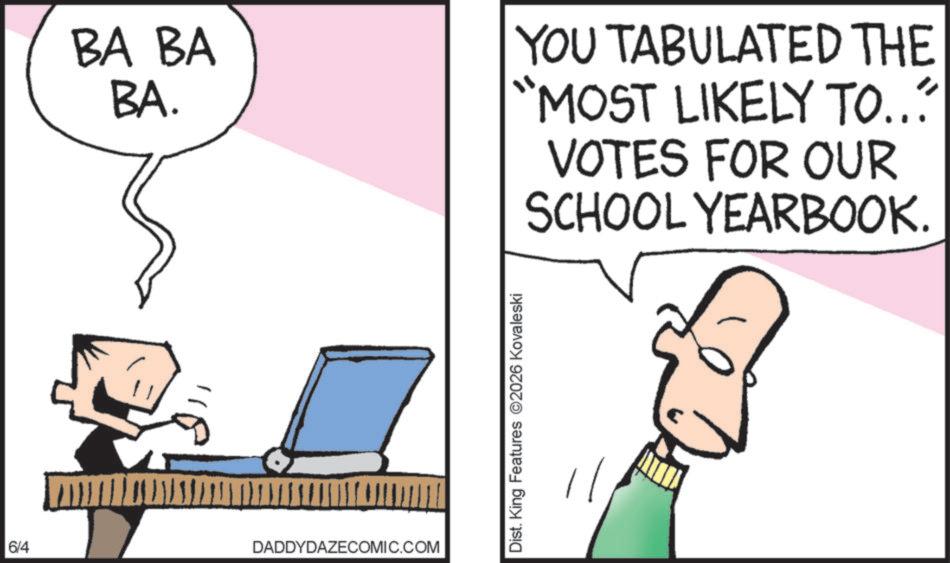 Cartoon OCR: 6/4 BA BA BA. YOU TABULATED THE "MOST LIKELY TO... DADDYDAZECOMIC.COM Dist. King Features 2026 Kovaleski VOTES FOR OUR SCHOOL YEARBOOK. 6/4 BA BA BA . YOU TABULATED THE " MOST LIKELY TO ... DADDYDAZECOMIC.COM Dist . King Features 2026 Kovaleski VOTES FOR OUR SCHOOL YEARBOOK .