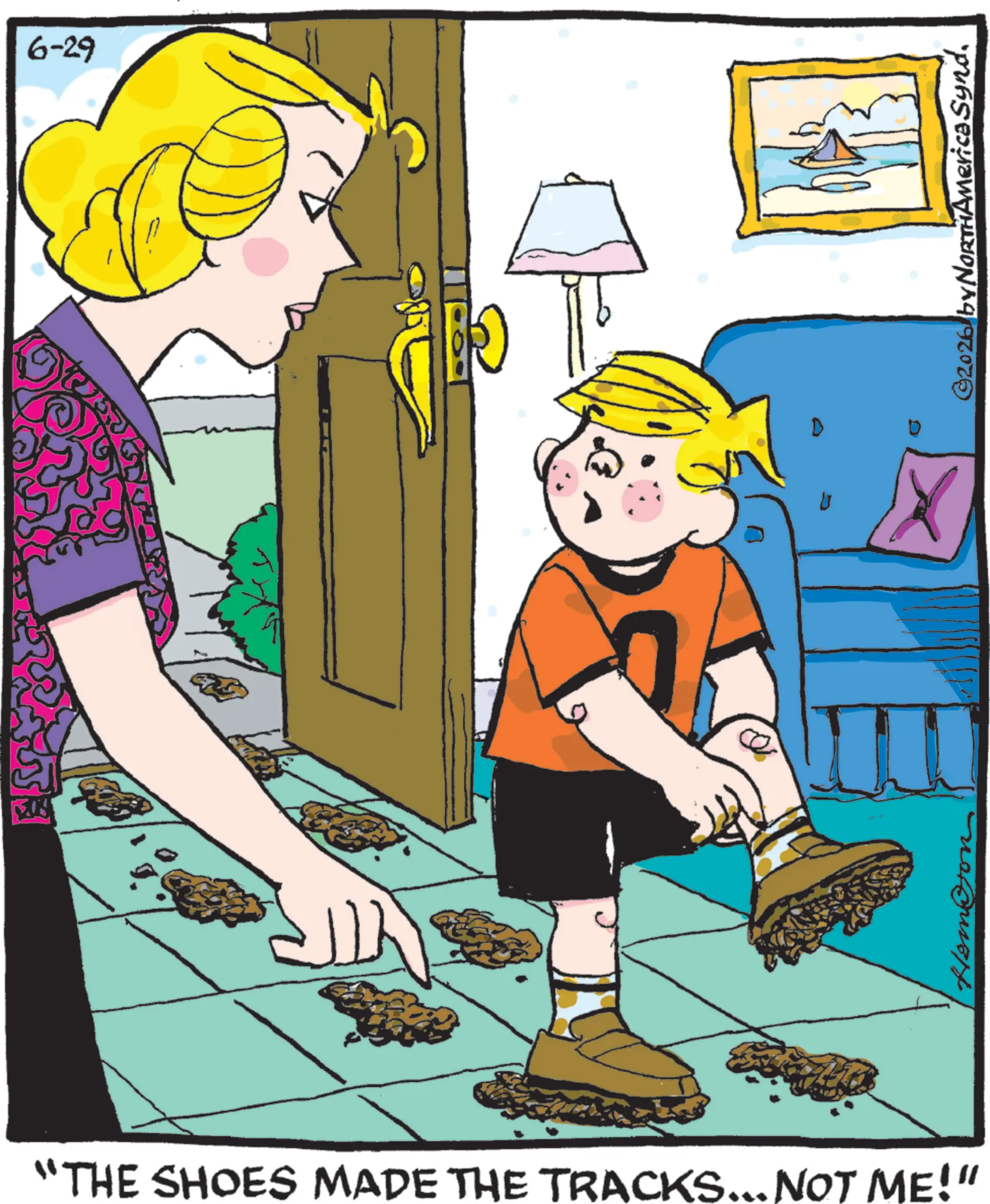 Happiness OCR: 6-29 $ "THE SHOES MADE THE TRACKS... NOT ME!" Hemon ©2026 by NORTHAmerica Synd. 6-29 $ " THE SHOES MADE THE TRACKS ... NOT ME ! " Hemon © 2026 by NORTHAmerica Synd .