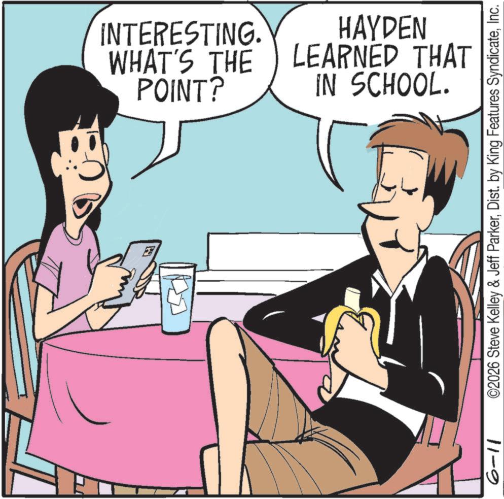 Happiness OCR: POINT? INTERESTING. WHAT'S THE HAYDEN LEARNED THAT IN SCHOOL. 6-11 ©2026 Steve Kelley & Jeff ParkerInc. POINT ? INTERESTING . WHAT'S THE HAYDEN LEARNED THAT IN SCHOOL . 6-11 © 2026 Steve Kelley & Jeff ParkerDist . by King Features Syndicate