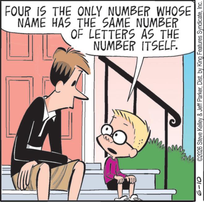Animated cartoon OCR: 6-10 FOUR IS THE ONLY NUMBER WHOSE NAME HAS THE SAME NUMBER OF LETTERS AS THE www NUMBER ITSELF. ©2026 Steve Kelley & Jeff ParkerInc. 6-10 FOUR IS THE ONLY NUMBER WHOSE NAME HAS THE SAME NUMBER OF LETTERS AS THE www NUMBER ITSELF . © 2026 Steve Kelley & Jeff ParkerDist . by King Features Syndicate
