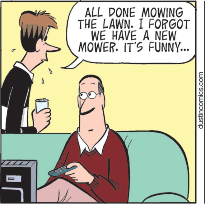 Animation OCR: - ALL DONE MOWING THE LAWN. I FORGOT WE HAVE A NEW MOWER. IT'S FUNNY... dustincomics.com - ALL DONE MOWING THE LAWN . I FORGOT WE HAVE A NEW MOWER . IT'S FUNNY ... dustincomics.com