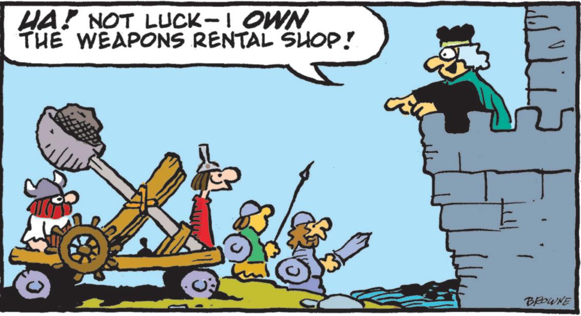 Animated cartoon OCR: HA! NOT LUCK-I OWN THE WEAPONS RENTAL SHOP! BROWNE HA ! NOT LUCK - I OWN THE WEAPONS RENTAL SHOP ! BROWNE