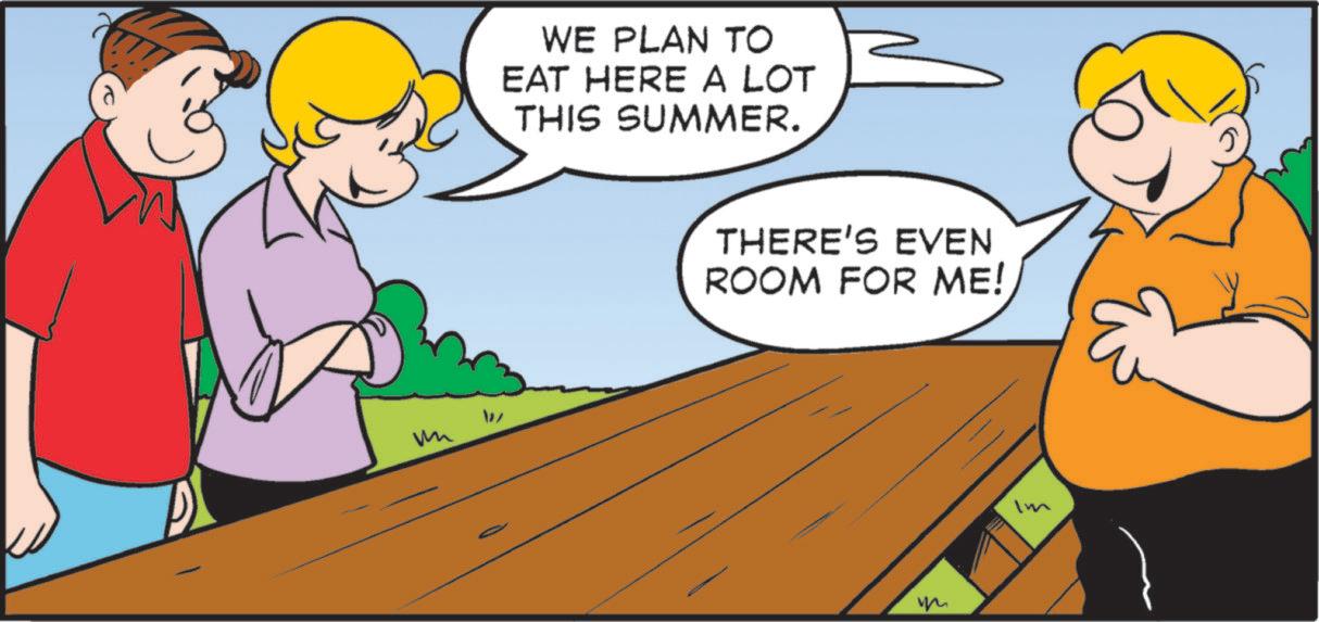 Animated cartoon OCR: WE PLAN TO EAT HERE A LOT THIS SUMMER. THERE'S EVEN ROOM FOR ME! ?? WE PLAN TO EAT HERE A LOT THIS SUMMER . THERE'S EVEN ROOM FOR ME ! ??