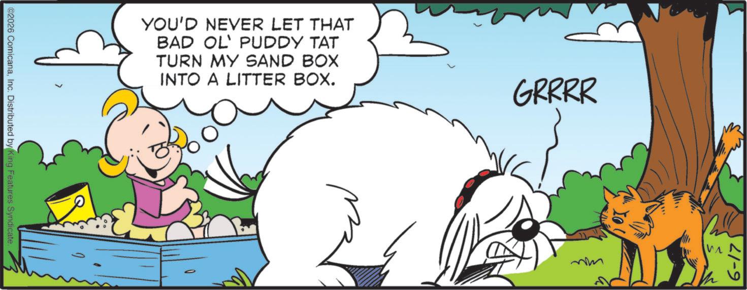 Fictional character OCR: ©2026 ComicanaInc. Distributed by King Features Syndicate. YOU'D NEVER LET THAT BAD OL' PUDDY TAT TURN MY SAND BOX INTO A LITTER BOX. GRRRR mm 6-17 © 2026 ComicanaInc. Distributed by King Features Syndicate . YOU'D NEVER LET THAT BAD OL ' PUDDY TAT TURN MY SAND BOX INTO A LITTER BOX . GRRRR mm 6-17