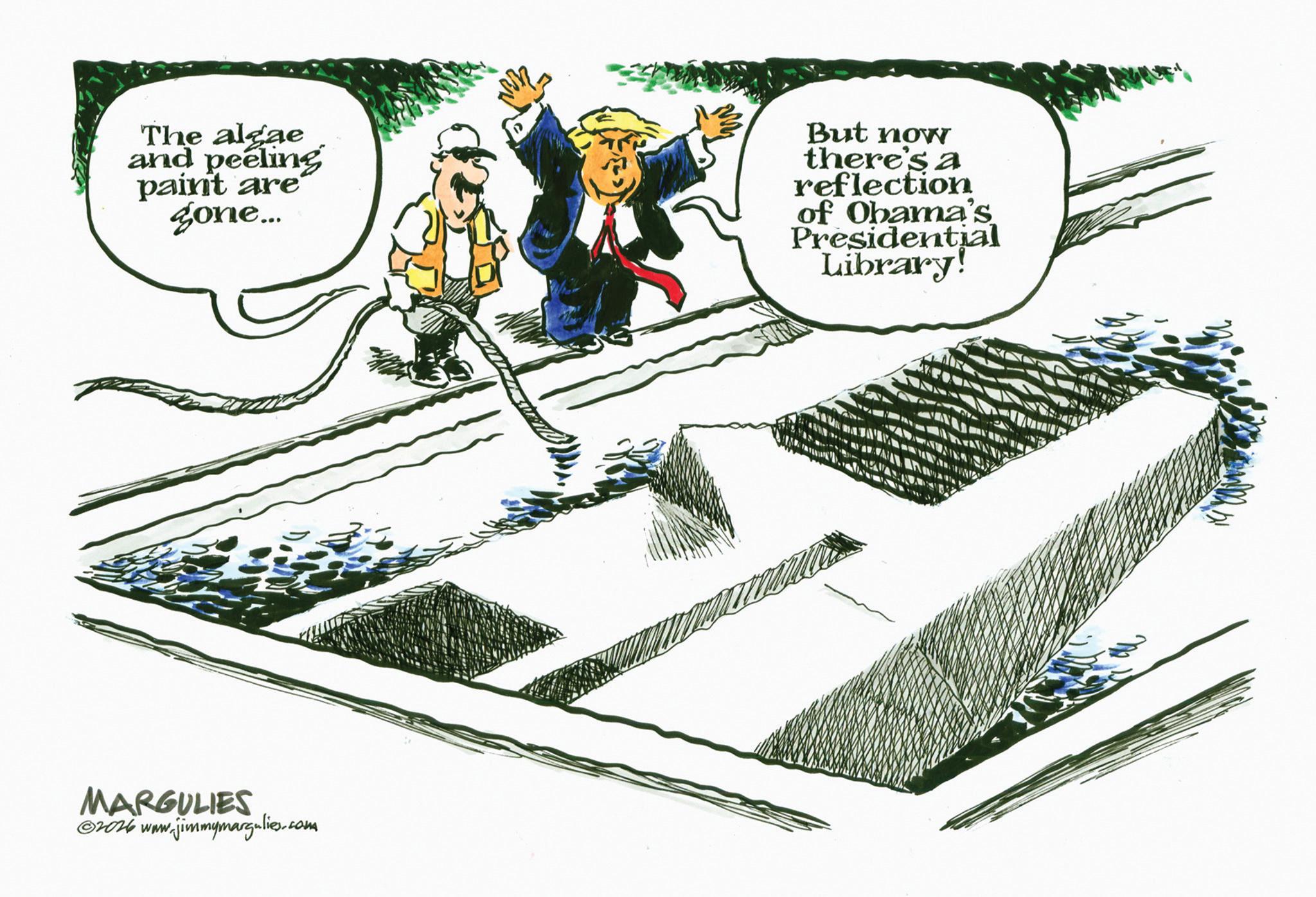 Clip art OCR: The algae and peeling paint are gone... But now there's a reflection of Obama's Presidential Library! MARGULIES 2026 www.jimmymargulies.com The algae and peeling paint are gone ... But now there's a reflection of Obama's Presidential Library ! MARGULIES 2026 www.jimmymargulies.com