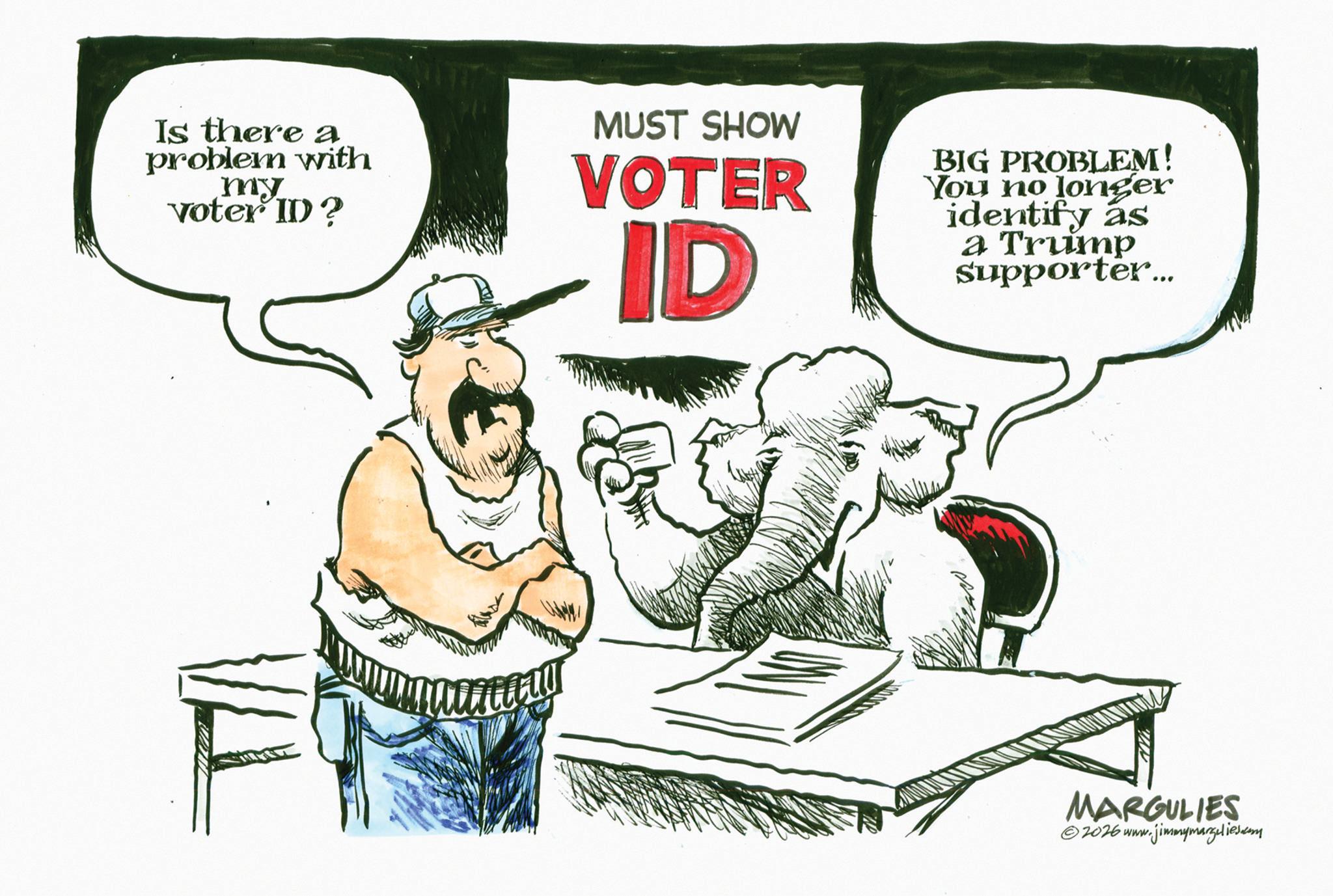 Line art OCR: Is there a problem with my voter ID? MUST SHOW VOTER ID BIG PROBLEM! You no longer identify as a Trump supporter... MARGULIES 2026 www.jimmymargulies.com Is there a problem with my voter ID ? MUST SHOW VOTER ID BIG PROBLEM ! You no longer identify as a Trump supporter ... MARGULIES 2026 www.jimmymargulies.com