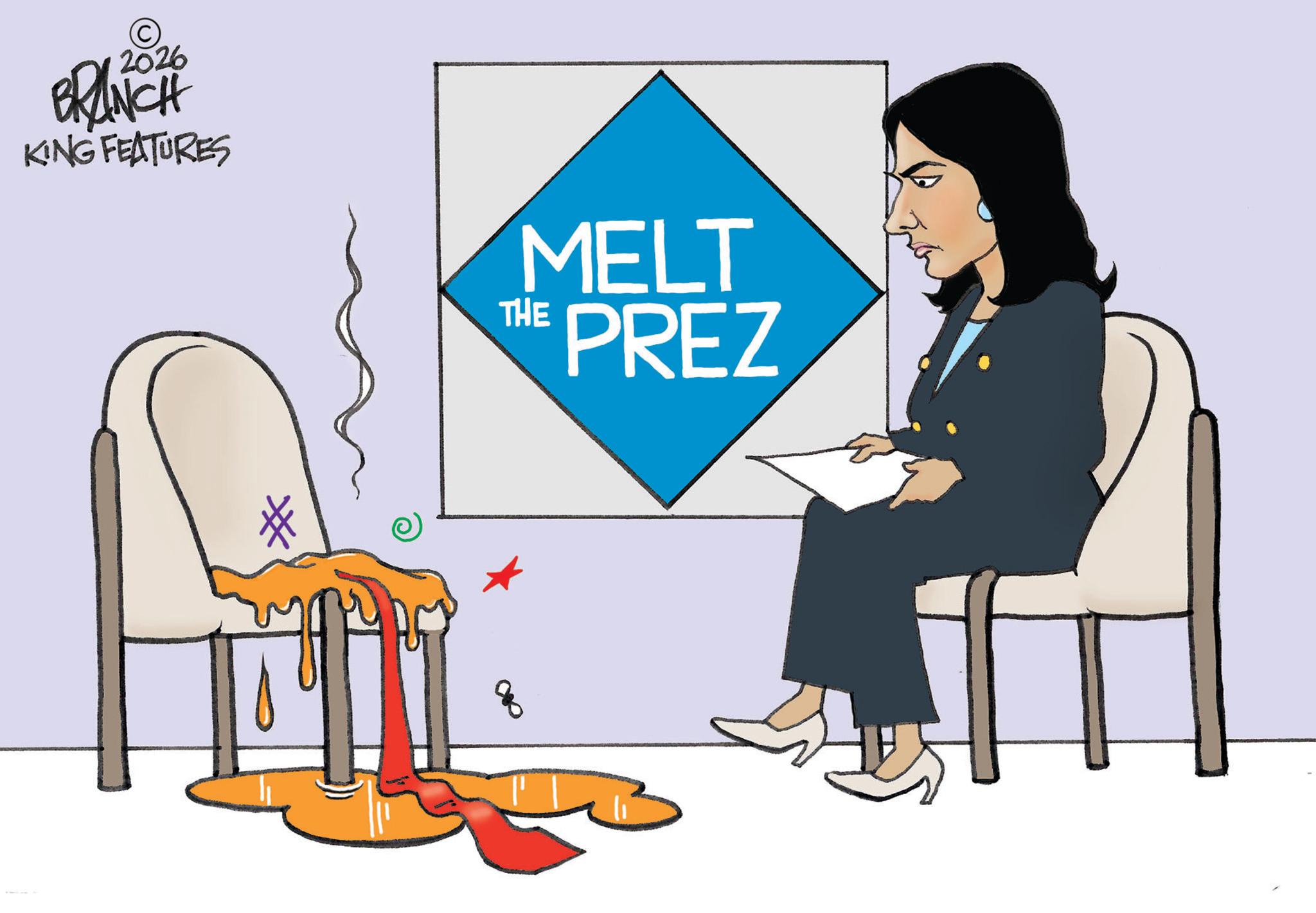 Graphic design OCR: © 2026 BRANCH KING FEATURES # MELT THE PREZ © 2026 BRANCH KING FEATURES # MELT THE PREZ