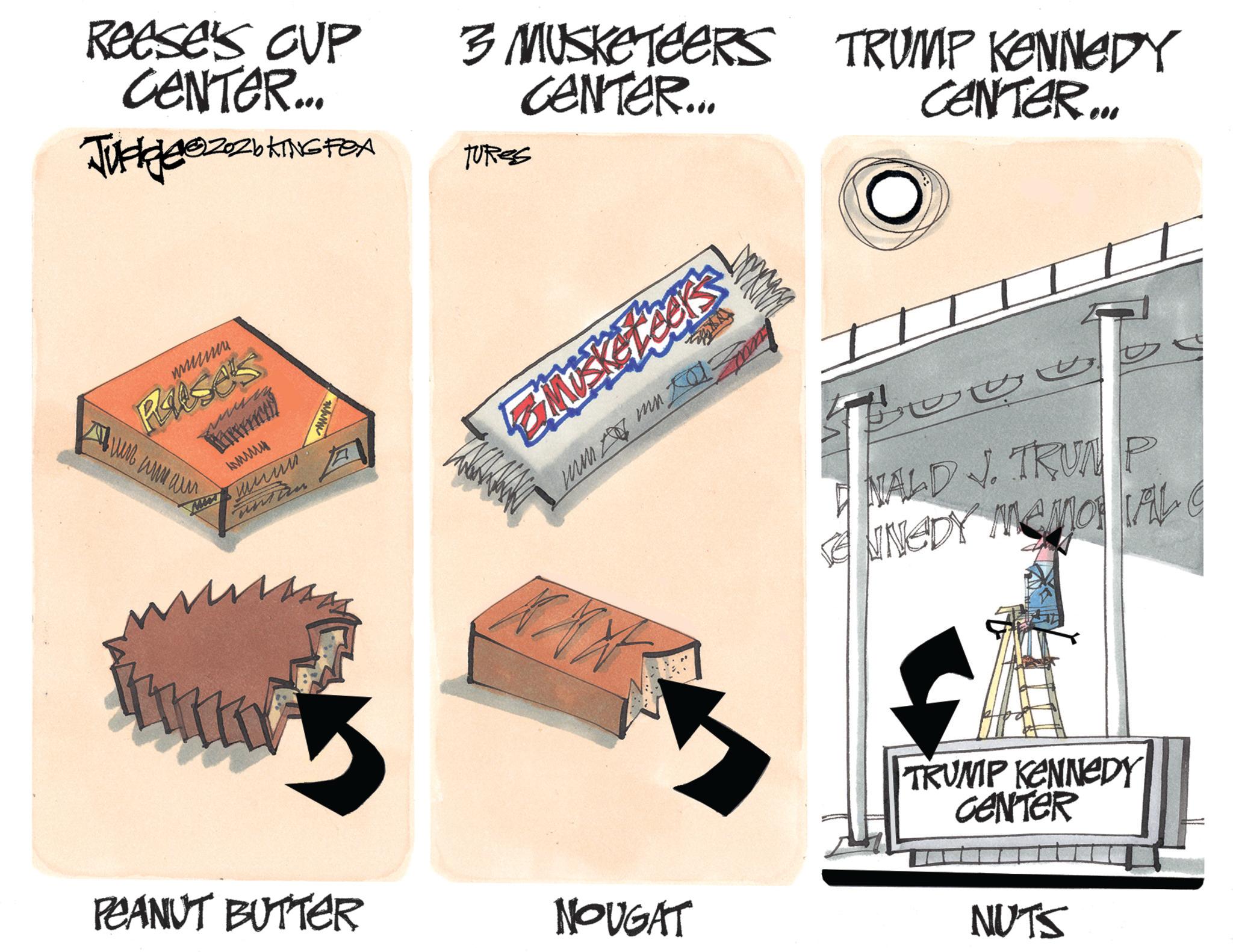 Fiction OCR: Reese's CUP CENTER... 3 MUSKETEERS CENTER... TRUMP KENNEDY CENTER.... JUHG226 KING FEA TURES Raises www ???? ???? A PEANUT BUTTER NOUGAT 01: NALD J. TRUMP NNEDY MEMORIAL C TRUMP KENNEDY CENTER NUTS Reese's CUP CENTER ... 3 MUSKETEERS CENTER ... TRUMP KENNEDY CENTER .... JUHG226 KING FEA TURES Raises www ???? ???? A PEANUT BUTTER NOUGAT 01 : NALD J. TRUMP NNEDY MEMORIAL C TRUMP KENNEDY CENTER NUTS