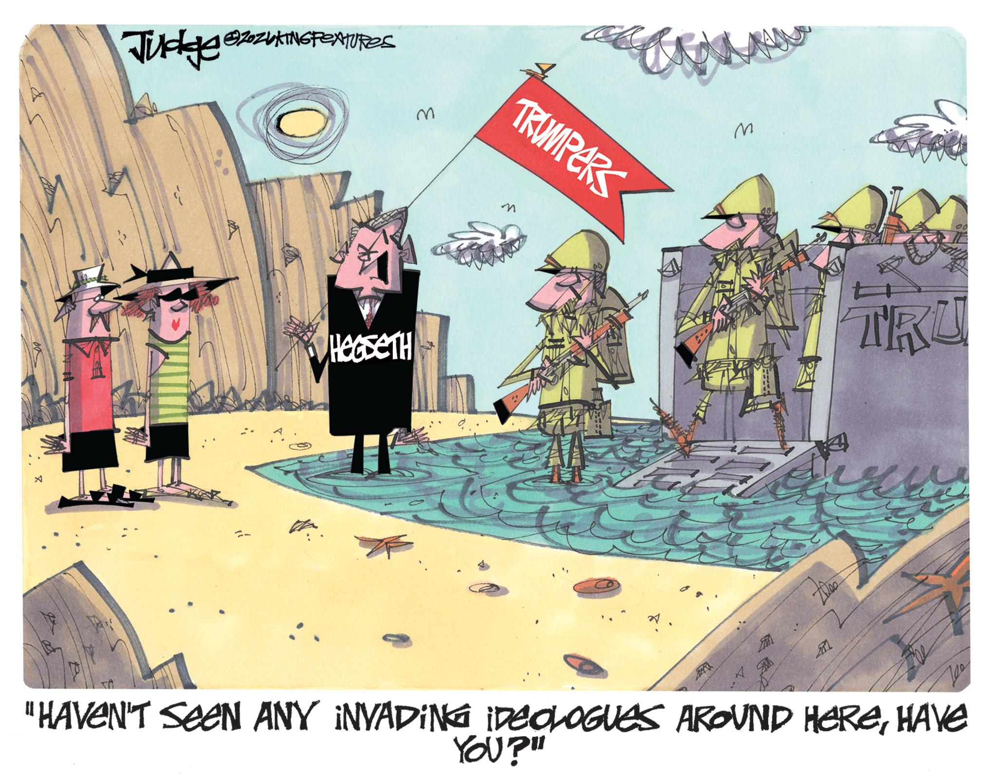 Animated cartoon OCR: * Judge ZoZUING FEATURES ??????? 3 TRUMPERS ?? M TRU "HAVEN'T SEEN ANY INVADING IDEOLOGUES AROUND HEREHAVE YOU?" * Judge ZoZUING FEATURES ??????? 3 TRUMPERS ?? M TRU " HAVEN'T SEEN ANY INVADING IDEOLOGUES AROUND HEREHAVE YOU ? "