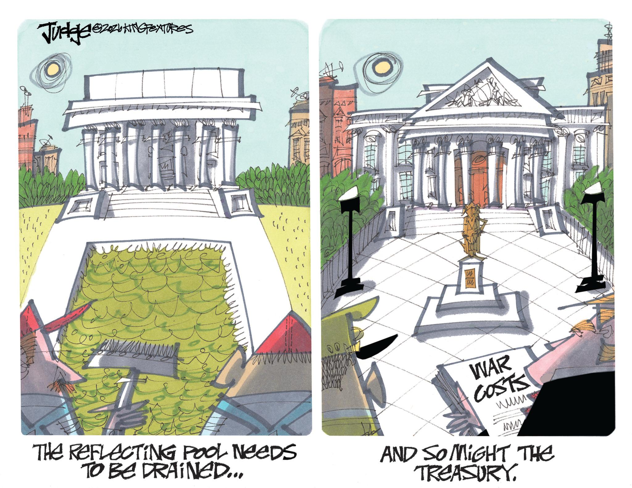Fiction OCR: Judge @20zKING PEXTURES 42144 THE REFLECTING POOL NEEDS TO BE DRAINED... WAR COSTS ??? www AND SO MIGHT THE TREASURY. Judge @ 20zKING PEXTURES 42144 THE REFLECTING POOL NEEDS TO BE DRAINED ... WAR COSTS ??? www AND SO MIGHT THE TREASURY .