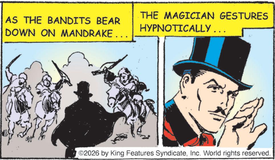 Costume Hat OCR: AS THE BANDITS BEAR THE MAGICIAN GESTURES HYPNOTICALLY ... DOWN ON MANDRAKE... O2026 by King Features SyndicateInc. World rights reserved. AS THE BANDITS BEAR THE MAGICIAN GESTURES HYPNOTICALLY ... DOWN ON MANDRAKE ... O2026 by King Features SyndicateInc. World rights reserved .