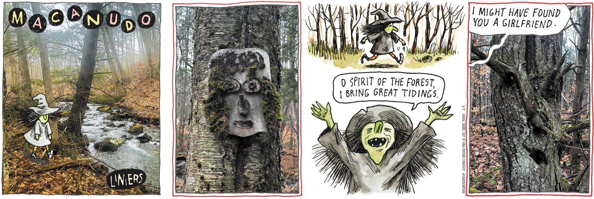 Fiction OCR: MACANUDO LINIERS ?? O SPIRIT OF THE FORESTI BRING GREAT TIDINGS. I MIGHT HAVE FOUND YOU A GIRLFRIEND. 6-7 ©2026 LINIERSDIST. BY KING FEATURES SYNDICATE LINIERSCARTOON MACANUDO LINIERS ? ? O SPIRIT OF THE FORESTI BRING GREAT TIDINGS . I MIGHT HAVE FOUND YOU A GIRLFRIEND . 6-7 © 2026 LINIERSDIST . BY KING FEATURES SYNDICATE LINIERSCARTOON