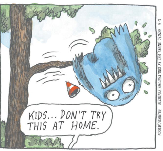 Animated cartoon OCR: M 6-5 2026 LINIERSDIST. BY KING FEATURES SYNDICATE @LINIERSCARTOON KIDS... DON'T TRY THIS AT HOME. M 6-5 2026 LINIERSDIST . BY KING FEATURES SYNDICATE @LINIERSCARTOON KIDS ... DON'T TRY THIS AT HOME .