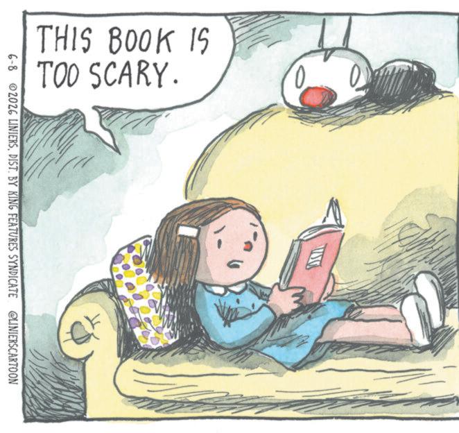 Child art OCR: THIS BOOK IS TOO SCARY. 6-8 2026 LINIERSDIST. BY KING FEATURES SYNDICATE @LINIERSCARTOON THIS BOOK IS TOO SCARY . 6-8 2026 LINIERSDIST . BY KING FEATURES SYNDICATE @LINIERSCARTOON