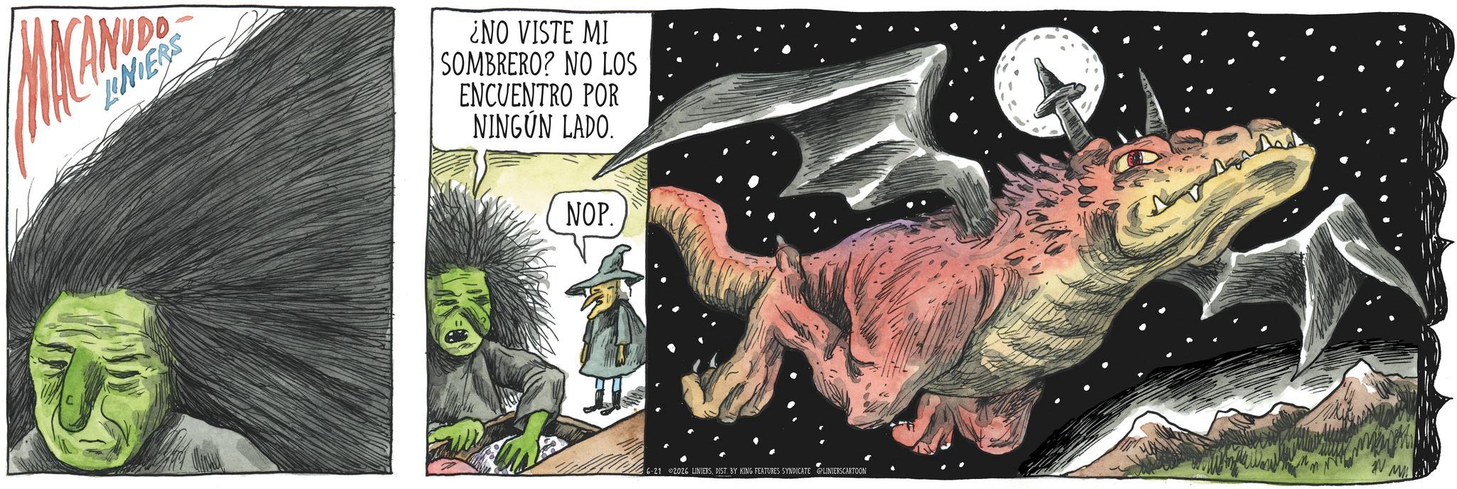 Animated cartoon OCR: NIERS ¿NO VISTE MI SOMBRERO? NO LOS ENCUENTRO POR NINGÚN LADO. NOP. 6-21 2026 LINIERSDIST. BY KING FEATURES SYNDICATE LINIERSCARTOON MN NIERS ¿ NO VISTE MI SOMBRERO ? NO LOS ENCUENTRO POR NINGÚN LADO . NOP . 6-21 2026 LINIERSDIST . BY KING FEATURES SYNDICATE LINIERSCARTOON MN