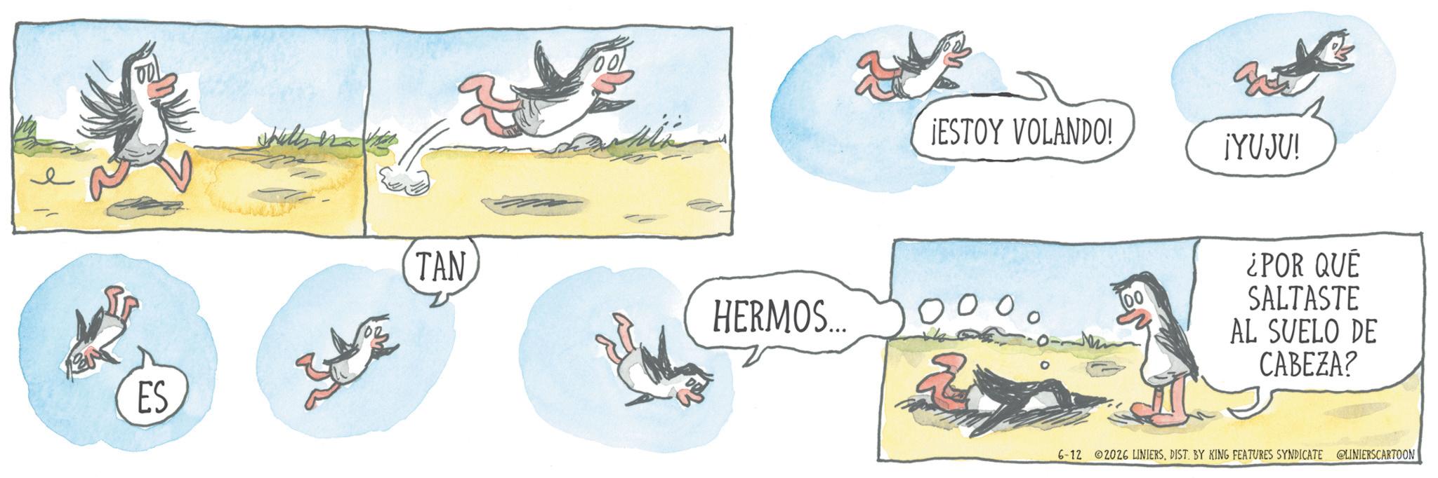 Animated cartoon OCR: ES TAN HERMOS... ¡ESTOY VOLANDO! ¡YUJU! ¿POR QUÉ SALTASTE AL SUELO DE CABEZA? 6-12 02026 LINIERSDIST. BY KING FEATURES SYNDICATE @LINIERSCARTOON ES TAN HERMOS ... ¡ ESTOY VOLANDO ! ¡ YUJU ! ¿ POR QUÉ SALTASTE AL SUELO DE CABEZA ? 6-12 02026 LINIERSDIST . BY KING FEATURES SYNDICATE @LINIERSCARTOON