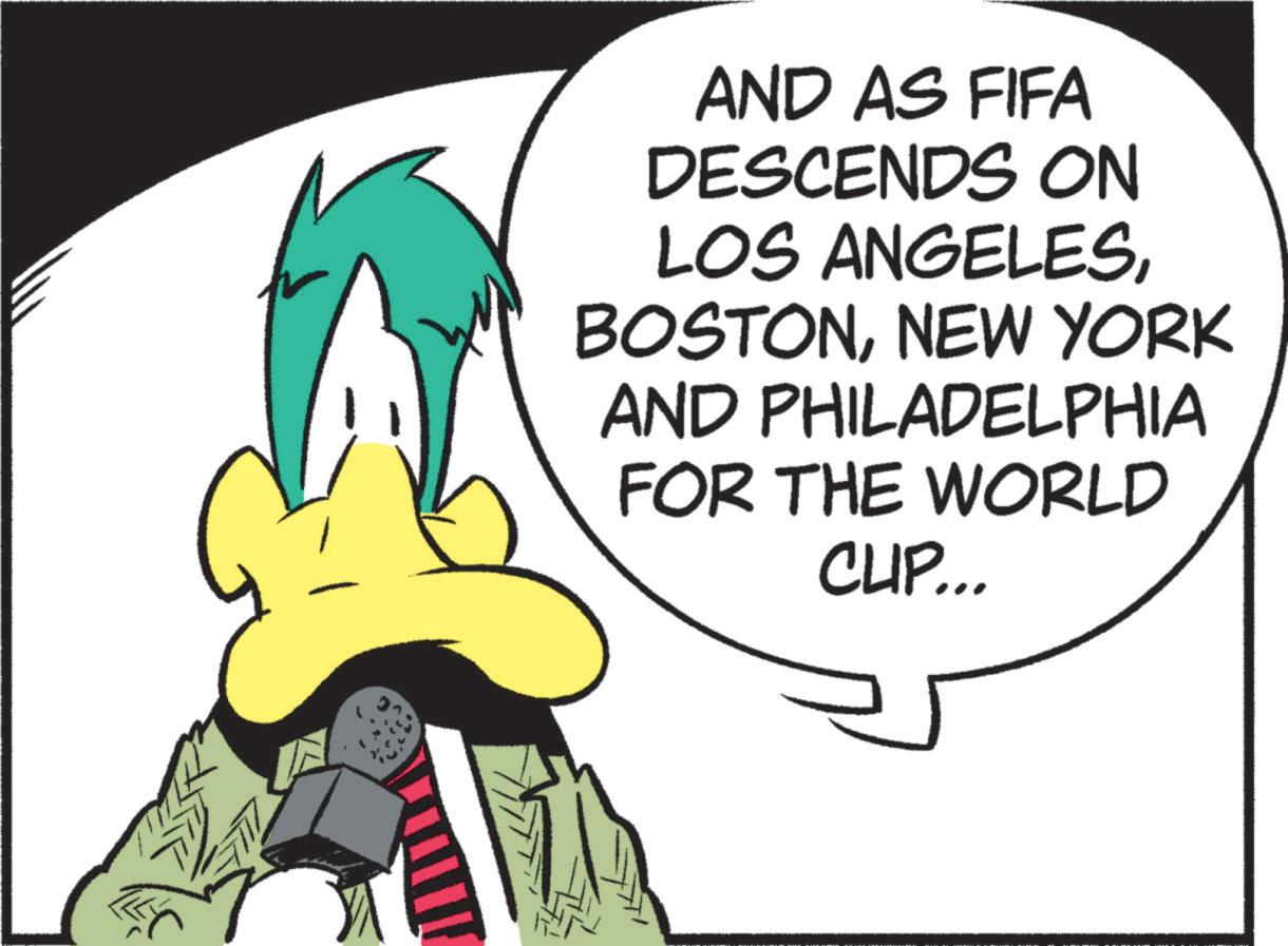 Graphic design OCR: AND AS FIFA DESCENDS ON LOS ANGELESNEW YORK AND PHILADELPHIA FOR THE WORLD CUP... AND AS FIFA DESCENDS ON LOS ANGELESNEW YORK AND PHILADELPHIA FOR THE WORLD CUP ...