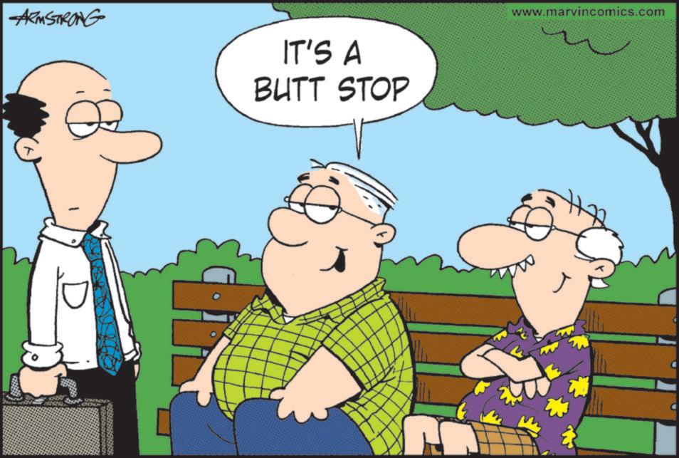 Photo caption OCR: ARMSTRONG ONONE IT'S A BUTT STOP www.marvincomics.com ARMSTRONG ONONE IT'S A BUTT STOP www.marvincomics.com