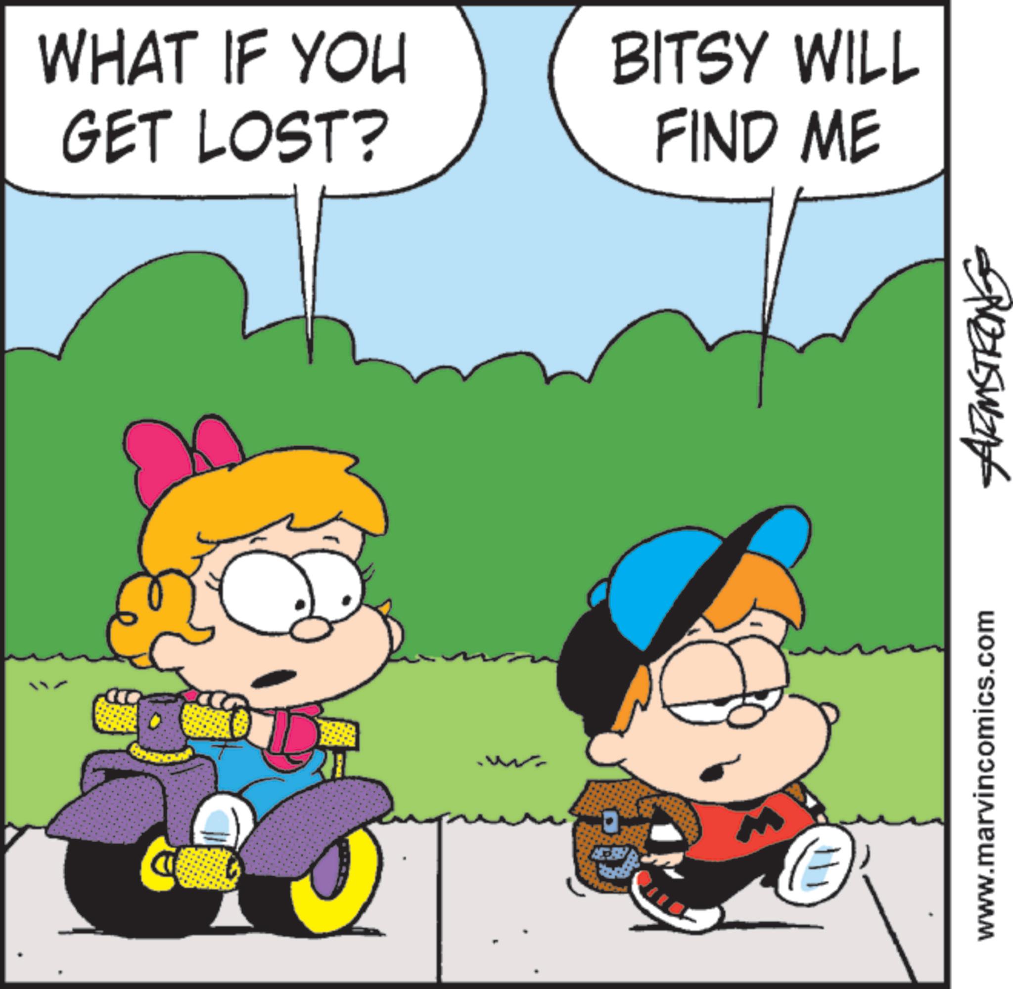 Happiness OCR: WHAT IF YOU GET LOST? BITSY WILL FIND ME www.marvincomics.com ARMSTRONG WHAT IF YOU GET LOST ? BITSY WILL FIND ME www.marvincomics.com ARMSTRONG