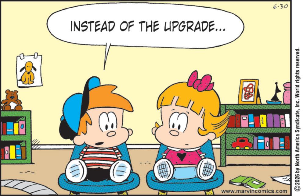Animated cartoon OCR: 0 INSTEAD OF THE UPGRADE... E 1/1 10 ? 10 6-30 www.marvincomics.com 2026 by North America SyndicateInc. World rights reserved. 0 INSTEAD OF THE UPGRADE ... E 1/1 10 ? 10 6-30 www.marvincomics.com 2026 by North America SyndicateInc. World rights reserved .