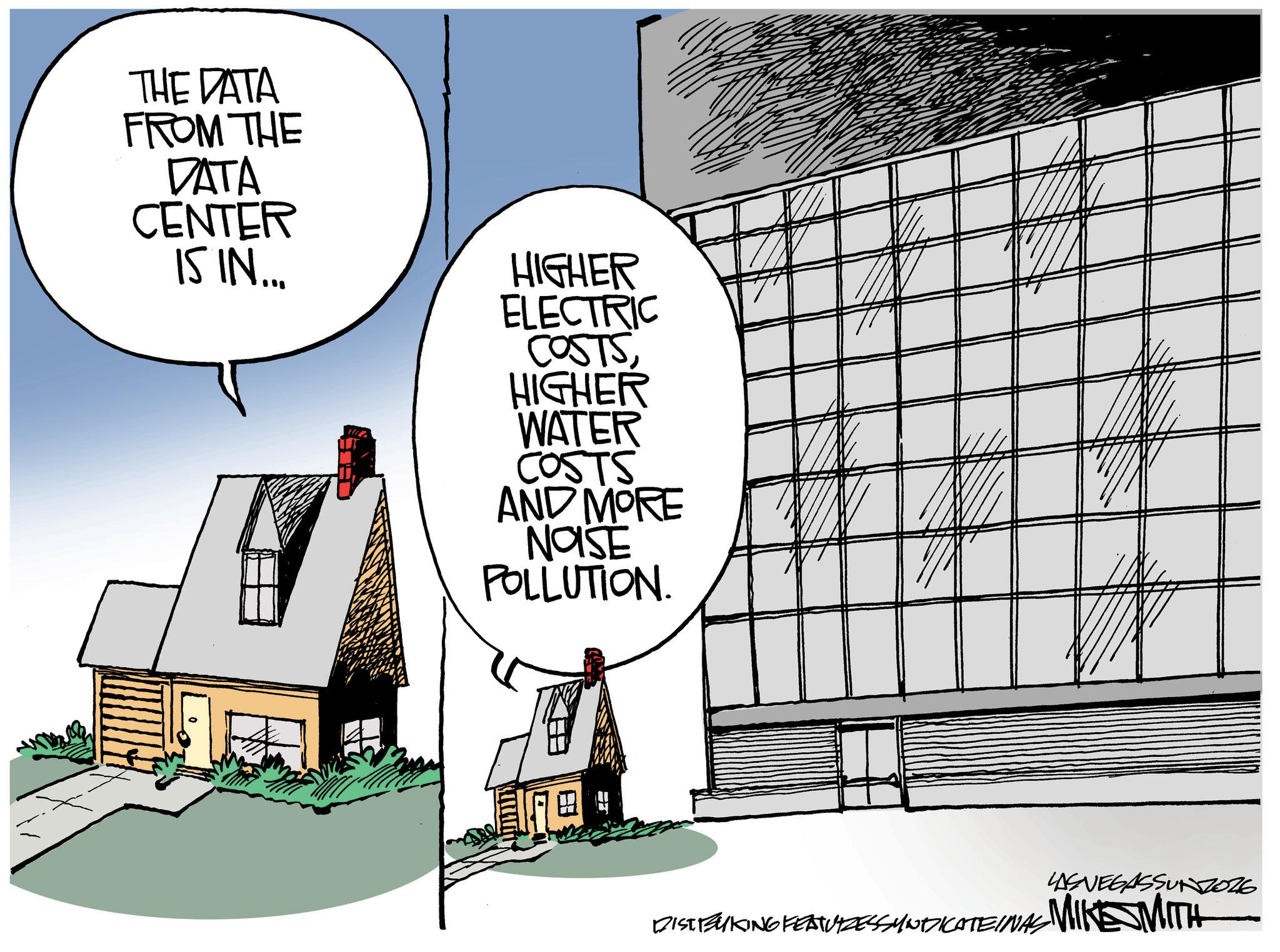 Animation OCR: THE DATA FROM THE DATA CENTER IS IN... HIGHER ELECTRIC COSTSHIGHER WATER COSTS AND MORE NOSE POLLUTION. LASVEGASSUN2026 DISTINKING FEATURESSYNDICATEINAL MIKE SMITH THE DATA FROM THE DATA CENTER IS IN ... HIGHER ELECTRIC COSTSHIGHER WATER COSTS AND MORE NOSE POLLUTION . LASVEGASSUN2026 DISTINKING FEATURESSYNDICATEINAL MIKE SMITH