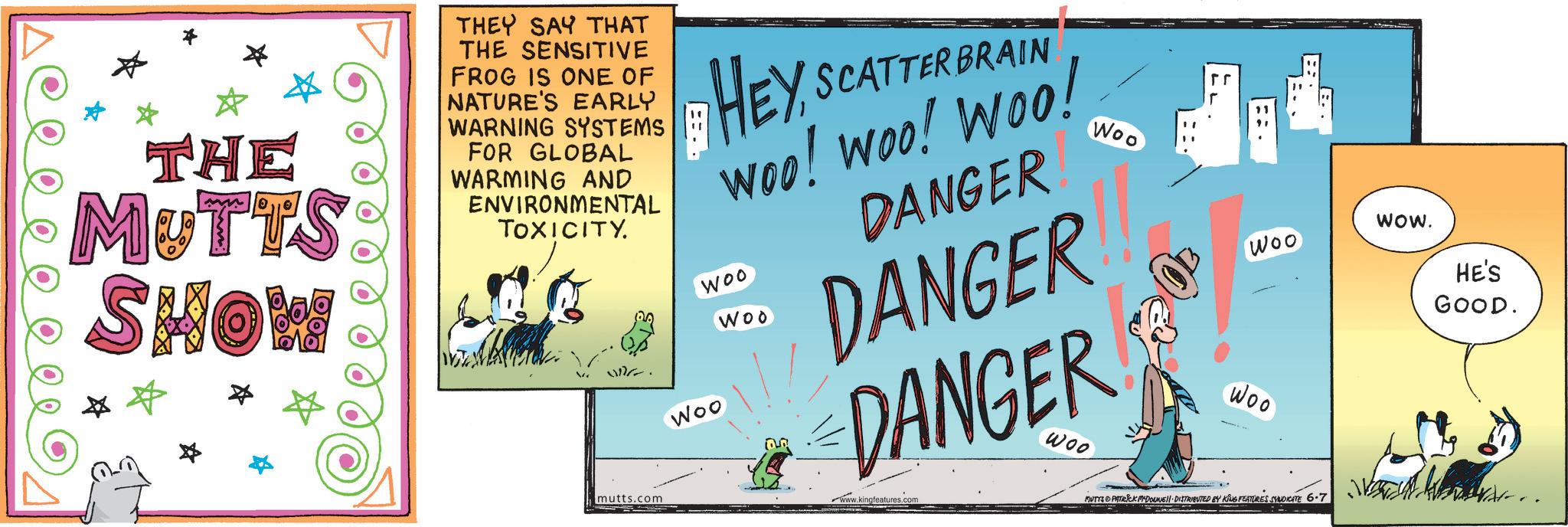 Publication OCR: THE MUTTS: SHOW THEY SAY THAT THE SENSITIVE FROG IS ONE OF NATURE'S EARLY WARNING SYSTEMS FOR GLOBAL WARMING AND ENVIRONMENTAL TOXICITY. mutts.com HEYSCATTERBRAIN Woo! woo! Woo! Woo WOO Woo DANGER Woo DANGER DANGER www.kingfeatures.com Woo Woo Woo MUTTS PATRICK MYDONE!! DISTRIBUTED BY KING FEATURES SYNDICATE 6.7 WOW. HE'S GOOD. THE MUTTS : SHOW THEY SAY THAT THE SENSITIVE FROG IS ONE OF NATURE'S EARLY WARNING SYSTEMS FOR GLOBAL WARMING AND ENVIRONMENTAL TOXICITY . mutts.com HEYSCATTERBRAIN Woo ! woo ! Woo ! Woo WOO Woo DANGER Woo DANGER DANGER www.kingfeatures.com Woo Woo Woo MUTTS PATRICK MYDONE !! DISTRIBUTED BY KING FEATURES SYNDICATE 6.7 WOW . HE'S GOOD .