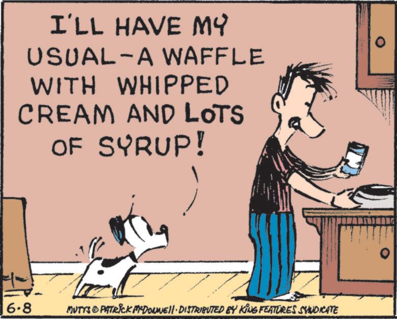 Animated cartoon OCR: 6.8 I'LL HAVE MY USUAL-A WAFFLE WITH WHIPPED CREAM AND LOTS OF SYRUP! 60 MUTYS © PATRICK MYDOWNEll · DISTRIBUTED BY KING FEATURES SYNDICATE 6.8 I'LL HAVE MY USUAL - A WAFFLE WITH WHIPPED CREAM AND LOTS OF SYRUP ! 60 MUTYS © PATRICK MYDOWNEll · DISTRIBUTED BY KING FEATURES SYNDICATE