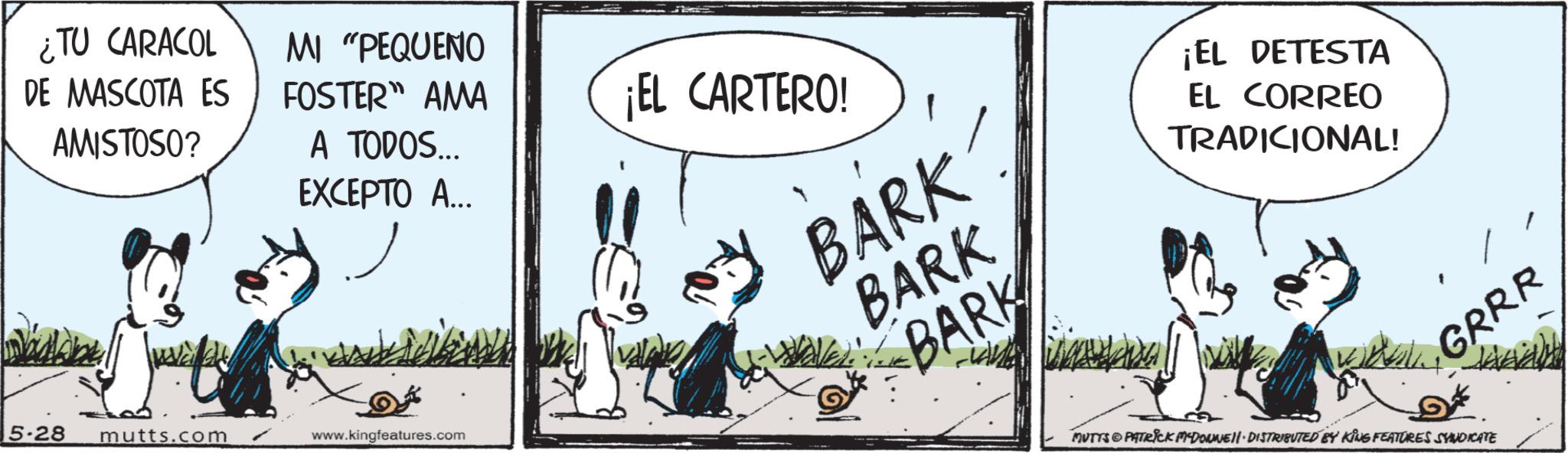 Photo caption OCR: ¿TU CARACOL DE MASCOTA ES AMISTOSO? MI "PEQUENO FOSTER" AMA A TODOS... EXCEPTO A... 5-28 mutts.com www.kingfeatures.com ¡EL CARTERO! 1 BARK BARK BARK ¡EL DETESTA EL CORREO TRADICIONAL! WELLGRRR MUTTS PATRICK MYDONNELL DISTRIBUTED BY KING FEATURES SYNDICATE ¿ TU CARACOL DE MASCOTA ES AMISTOSO ? MI " PEQUENO FOSTER " AMA A TODOS ... EXCEPTO A ... 5-28 mutts.com www.kingfeatures.com ¡ EL CARTERO ! 1 BARK BARK BARK ¡ EL DETESTA EL CORREO TRADICIONAL ! WELLGRRR MUTTS PATRICK MYDONNELL DISTRIBUTED BY KING FEATURES SYNDICATE
