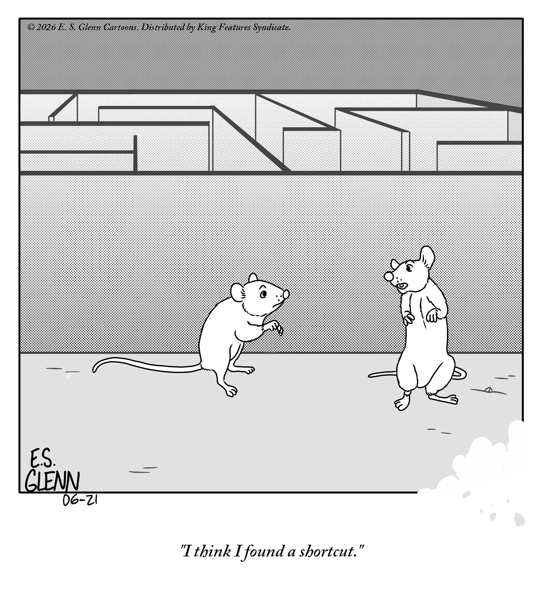 Muroids OCR: © 2026 L. 8. Glenn Cartoons. Distributed by King Features Syndicate. E.S. GLENN 06-21 "I think I found a shortcut." © 2026 L. 8. Glenn Cartoons . Distributed by King Features Syndicate . E.S. GLENN 06-21 " I think I found a shortcut . "