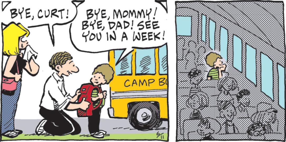 Toddler OCR: D BYECURT! BYEMOMMY! BYEDAD! SEE YOU IN A WEEK! CAMP B ? D BYECURT ! BYEMOMMY ! BYEDAD ! SEE YOU IN A WEEK ! CAMP B ?