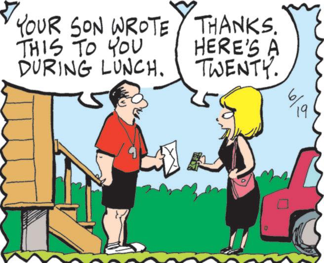 Conversation OCR: YOUR SON WROTE THIS TO YOU DURING LUNCH. THANKS. HERE'S A TWENTY. 6/9 19 D YOUR SON WROTE THIS TO YOU DURING LUNCH . THANKS . HERE'S A TWENTY . 6/9 19 D