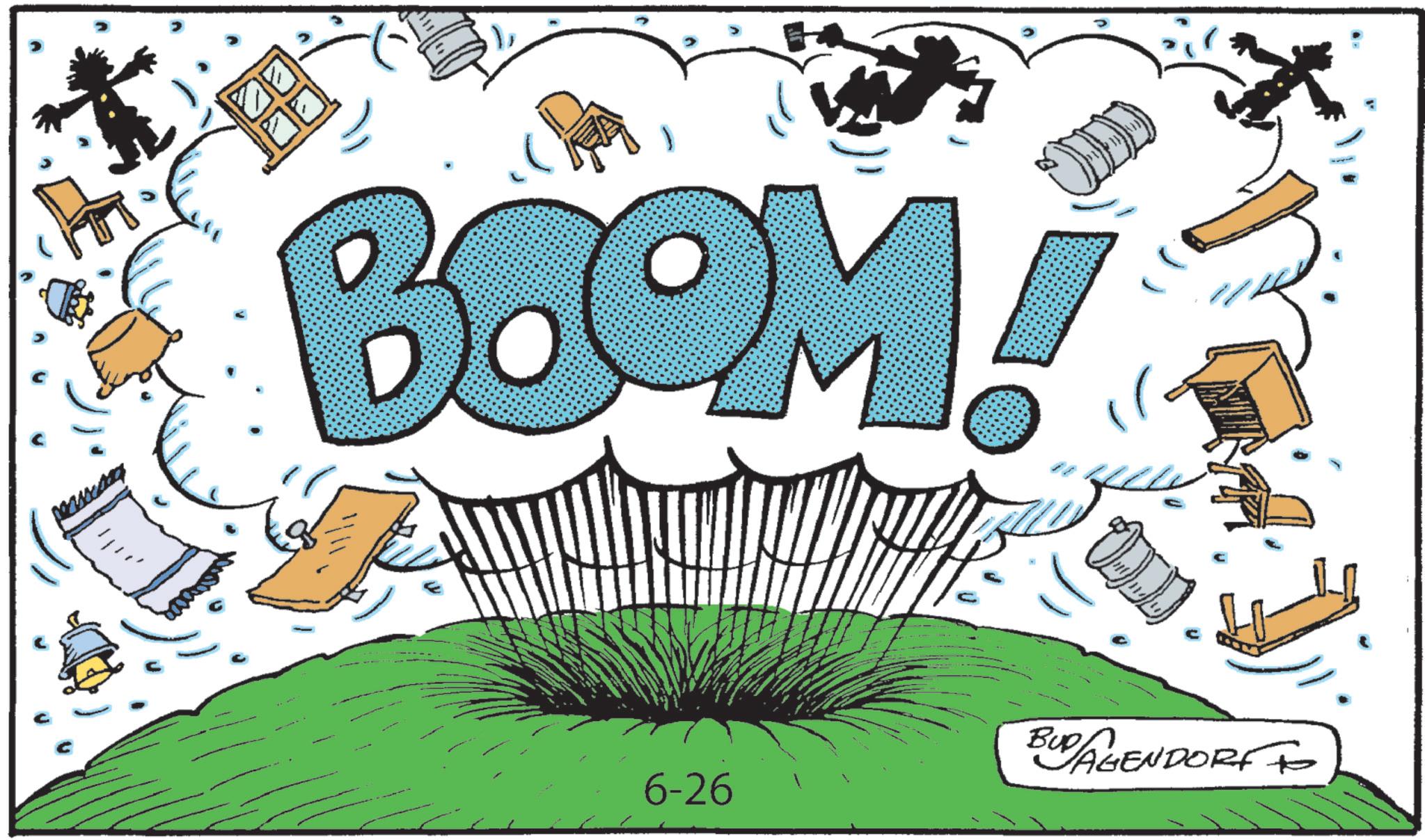 Graphic design OCR: BOOM! BUD AGENDORF TO 6-26 BOOM ! BUD AGENDORF TO 6-26