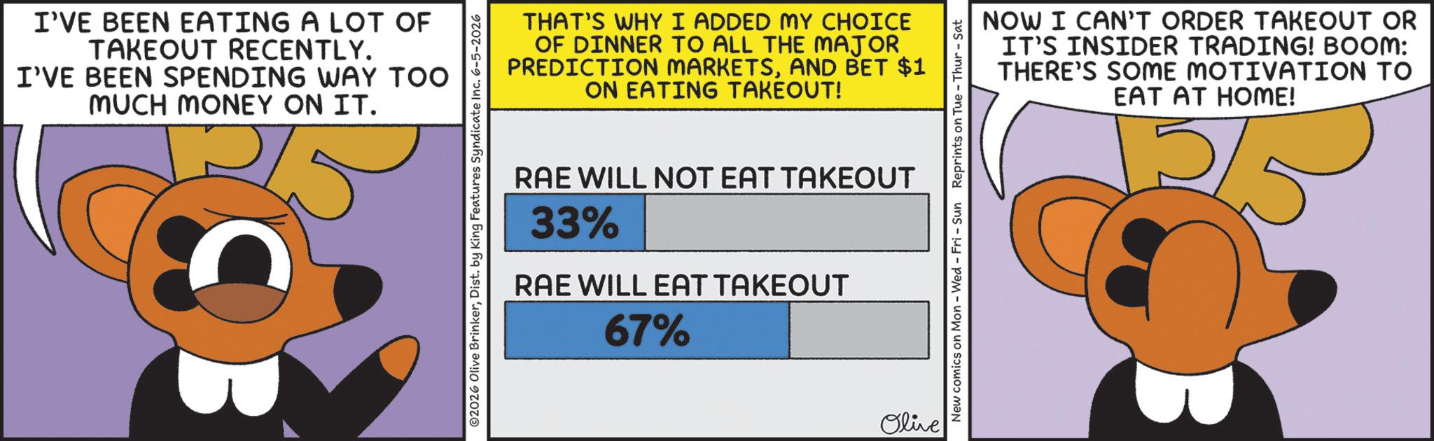 Animation OCR: I'VE BEEN EATING A LOT OF TAKEOUT RECENTLY. I'VE BEEN SPENDING WAY TOO MUCH MONEY ON IT. OB ©2026 Olive BrinkerDist. by King Features Syndicate Inc. 6-5-2026 THAT'S WHY I ADDED MY CHOICE OF DINNER TO ALL THE MAJOR. PREDICTION MARKETSAND BET $1 ON EATING TAKEOUT! RAE WILL NOT EAT TAKEOUT 33% RAE WILL EAT TAKEOUT 67% Olive New comics on Mon - Wed - Fri - Sun Reprints on Tue-Thur - Sat NOW I CAN'T ORDER TAKEOUT OR IT'S INSIDER TRADING! BOOM: THERE'S SOME MOTIVATION TO EAT AT HOME! I'VE BEEN EATING A LOT OF TAKEOUT RECENTLY . I'VE BEEN SPENDING WAY TOO MUCH MONEY ON IT . OB © 2026 Olive BrinkerDist . by King Features Syndicate Inc. 6-5-2026 THAT'S WHY I ADDED MY CHOICE OF DINNER TO ALL THE MAJOR . PREDICTION MARKETSAND BET $ 1 ON EATING TAKEOUT ! RAE WILL NOT EAT TAKEOUT 33 % RAE WILL EAT TAKEOUT 67 % Olive New comics on Mon - Wed - Fri - Sun Reprints on Tue - Thur - Sat NOW I CAN'T ORDER TAKEOUT OR IT'S INSIDER TRADING ! BOOM : THERE'S SOME MOTIVATION TO EAT AT HOME !