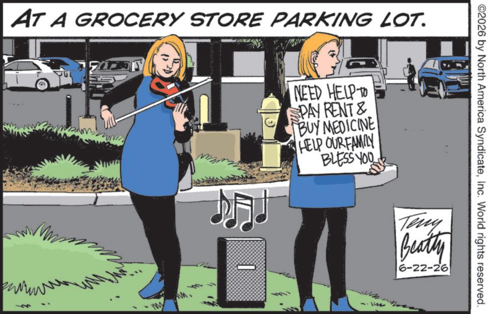 Sign OCR: AT A GROCERY STORE PARKING LOT. NEED HELP TO SPAY RENT & BUY MEDICINE HELP OUR FAMILY BLESS YOU ©2026 by North America SyndicateInc. World rights reserved. Teny Beatty 6-22-26 AT A GROCERY STORE PARKING LOT . NEED HELP TO SPAY RENT & BUY MEDICINE HELP OUR FAMILY BLESS YOU © 2026 by North America SyndicateInc. World rights reserved . Teny Beatty 6-22-26