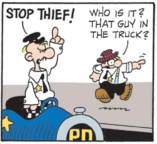 Graphic design OCR: STOP THIEF! WHO IS IT? THAT GUY IN THE TRUCK? en STOP THIEF ! WHO IS IT ? THAT GUY IN THE TRUCK ? en