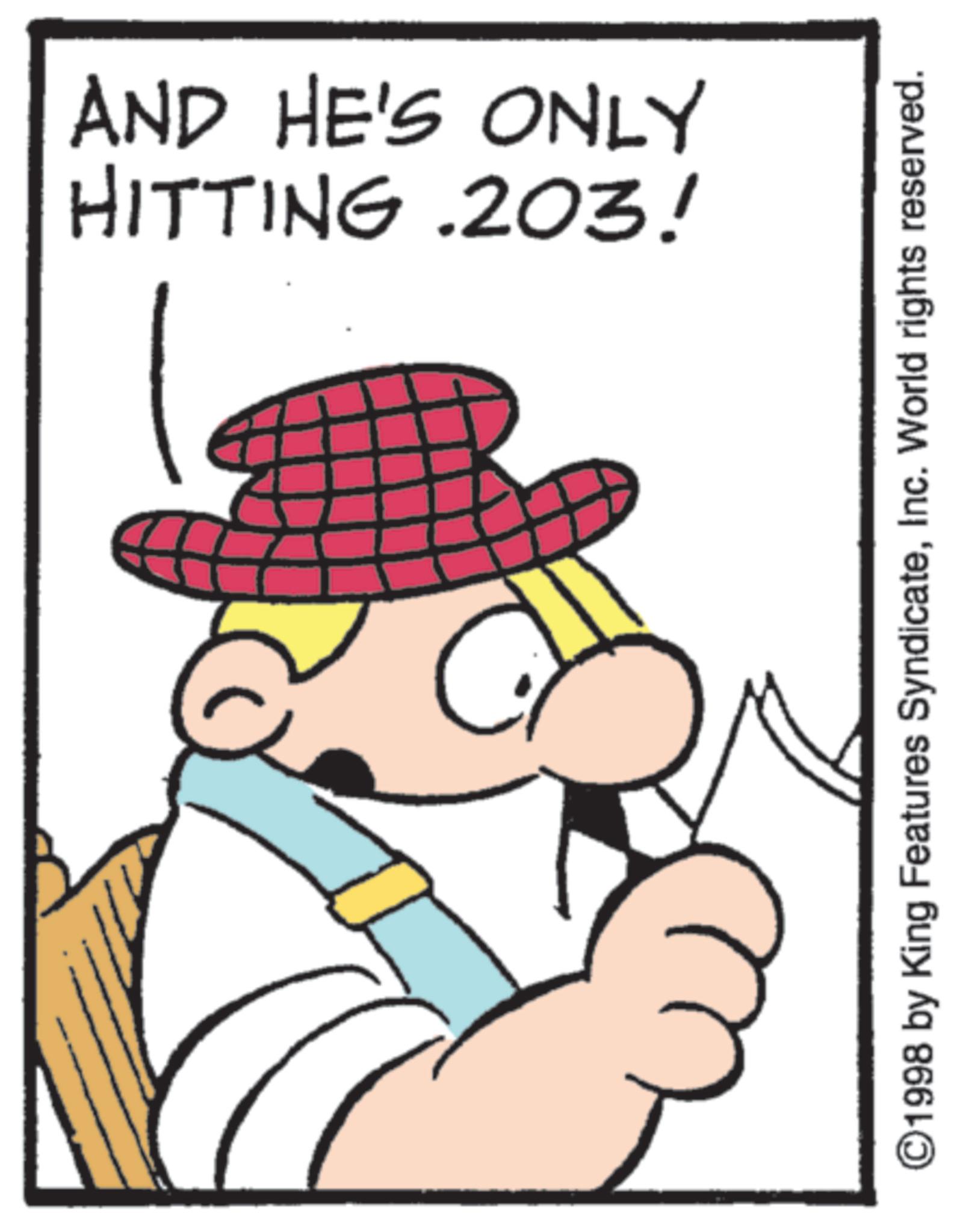 Fedora OCR: HITTING .203! AND HE'S ONLY ©1998 by King Features SyndicateInc. World rights reserved. HITTING .203 ! AND HE'S ONLY © 1998 by King Features SyndicateInc. World rights reserved .