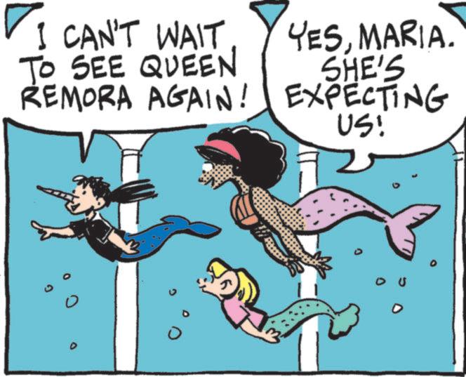 Graphics OCR: °° ?I CAN'T WAIT TO SEE QUEEN REMORA AGAIN! YESMARIA. SHE'S EXPECTING US! °° ?I CAN'T WAIT TO SEE QUEEN REMORA AGAIN ! YESMARIA . SHE'S EXPECTING US !