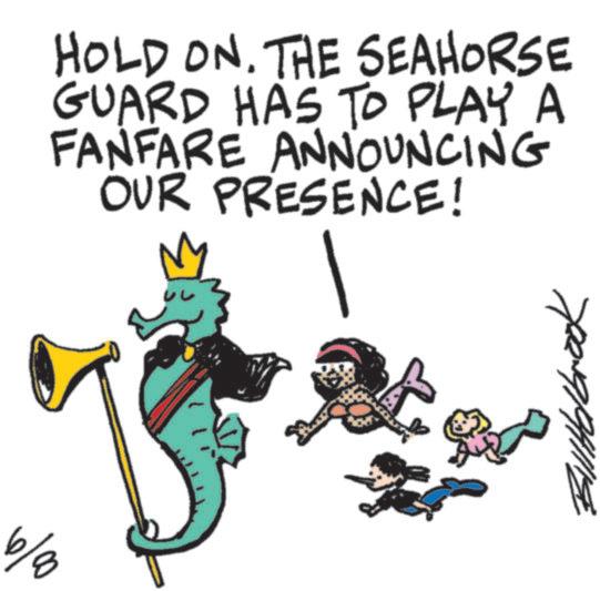 Line art OCR: HOLD ON. THE SEAHORSE GUARD HAS TO PLAY A FANFARE ANNOUNCING OUR PRESENCE! 6/8 70019/94/119 HOLD ON . THE SEAHORSE GUARD HAS TO PLAY A FANFARE ANNOUNCING OUR PRESENCE ! 6/8 70019/94/119