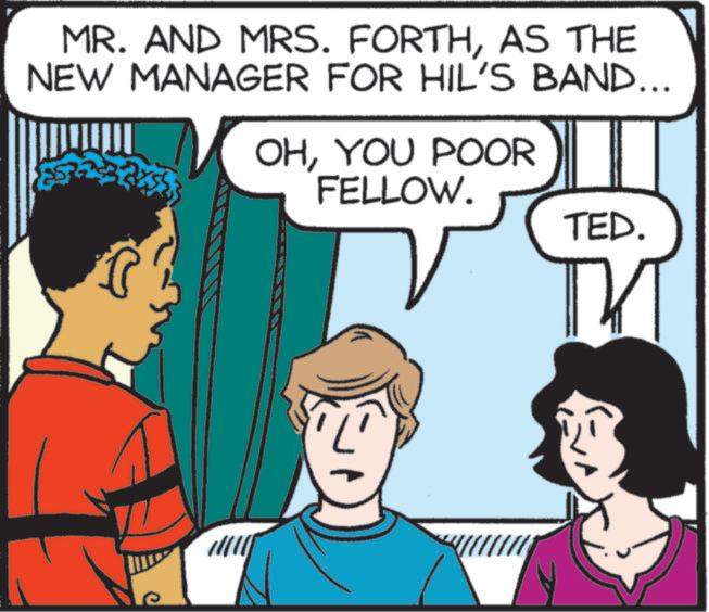 Animated cartoon OCR: MR. AND MRS. FORTHAS THE NEW MANAGER FOR HIL'S BAND... OHYOU POOR FELLOW. TED. ?? MR . AND MRS . FORTHAS THE NEW MANAGER FOR HIL'S BAND ... OHYOU POOR FELLOW . TED . ??