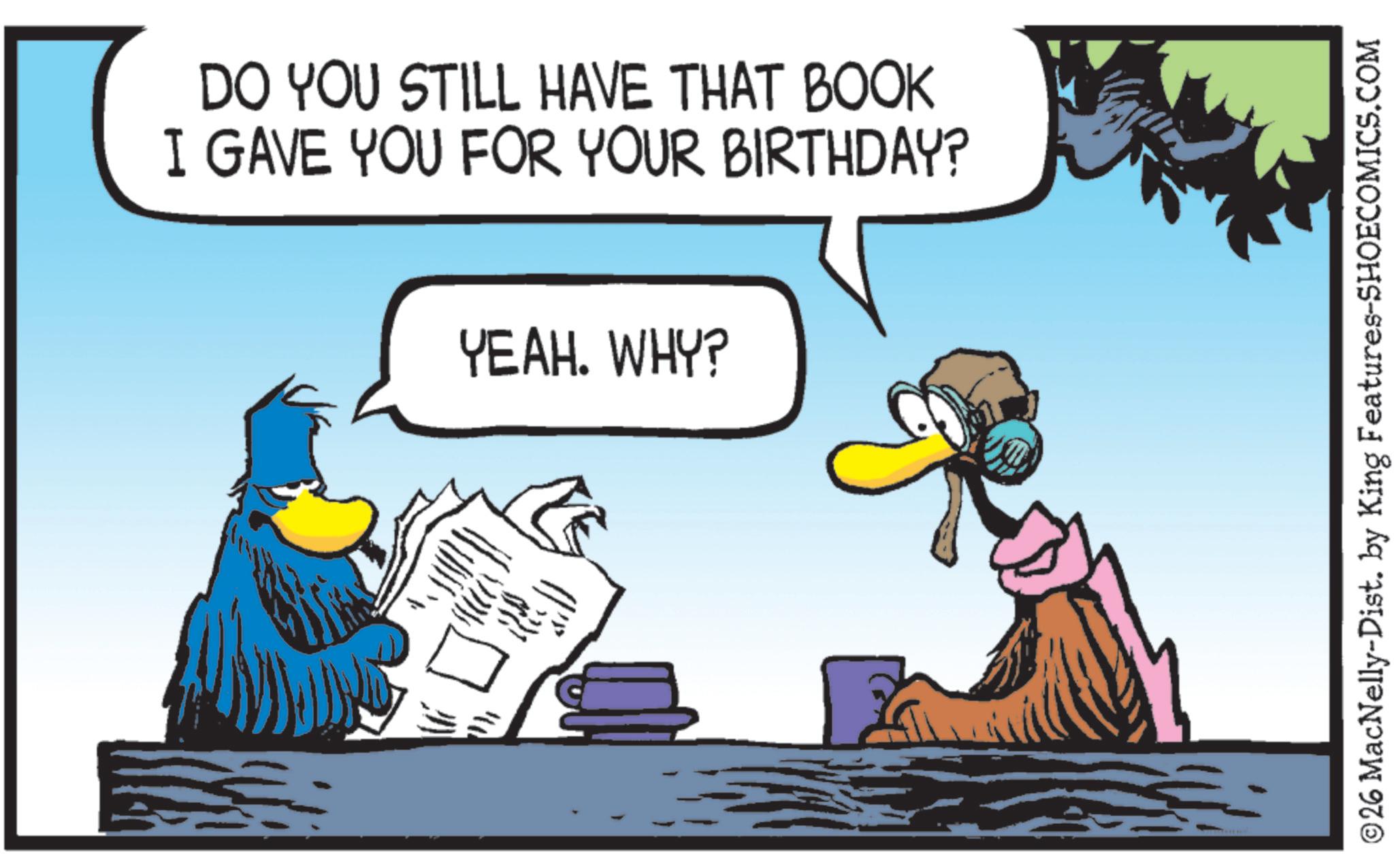 Bird OCR: DO YOU STILL HAVE THAT BOOK I GAVE YOU FOR YOUR BIRTHDAY? YEAH. WHY? ©26 MacNelly-Dist. by King Features-SHOECOMICS.COM DO YOU STILL HAVE THAT BOOK I GAVE YOU FOR YOUR BIRTHDAY ? YEAH . WHY ? © 26 MacNelly - Dist . by King Features-SHOECOMICS.COM